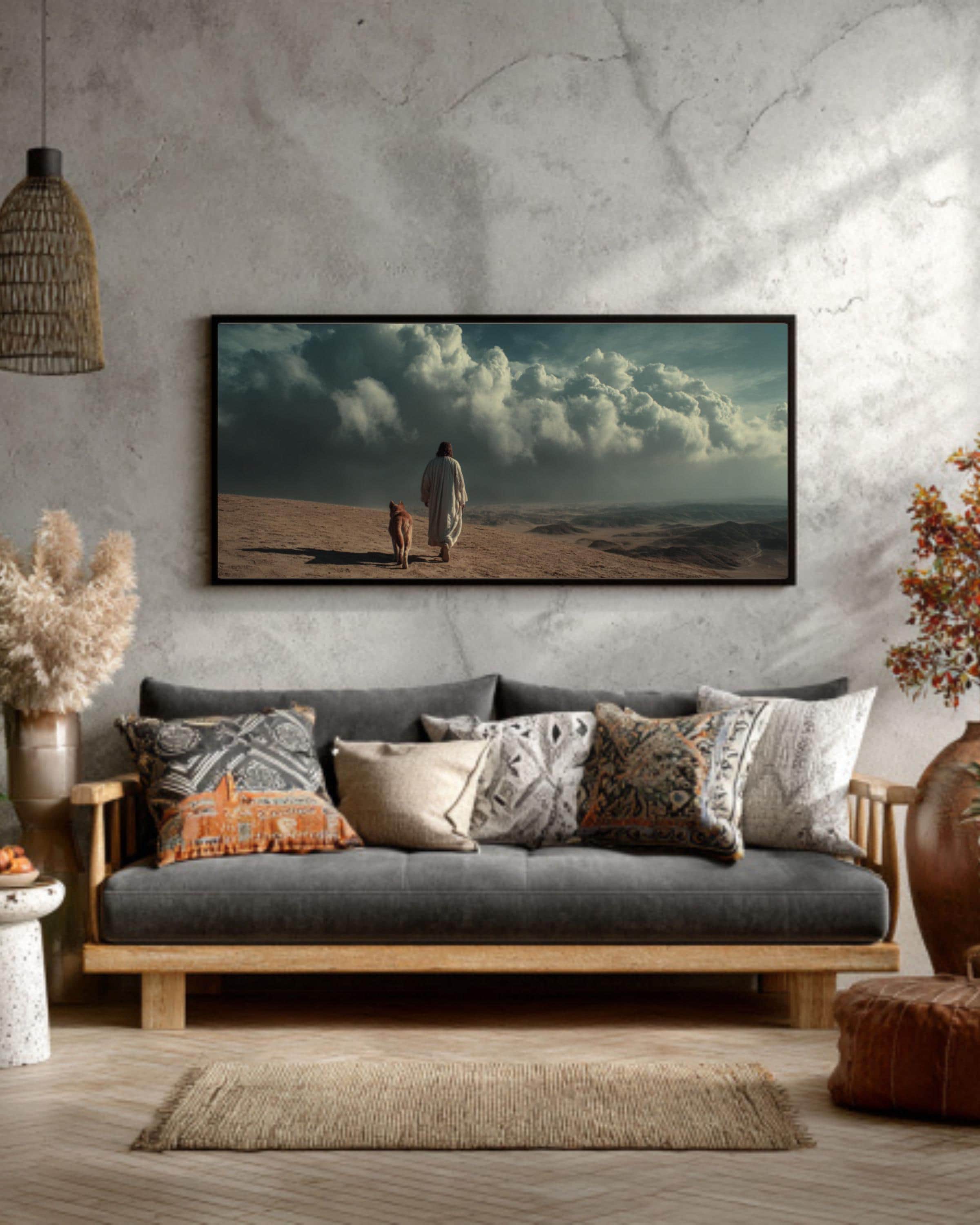 Jesus Walking with Dog Canvas Art – Minimalist Christian Wall Decor