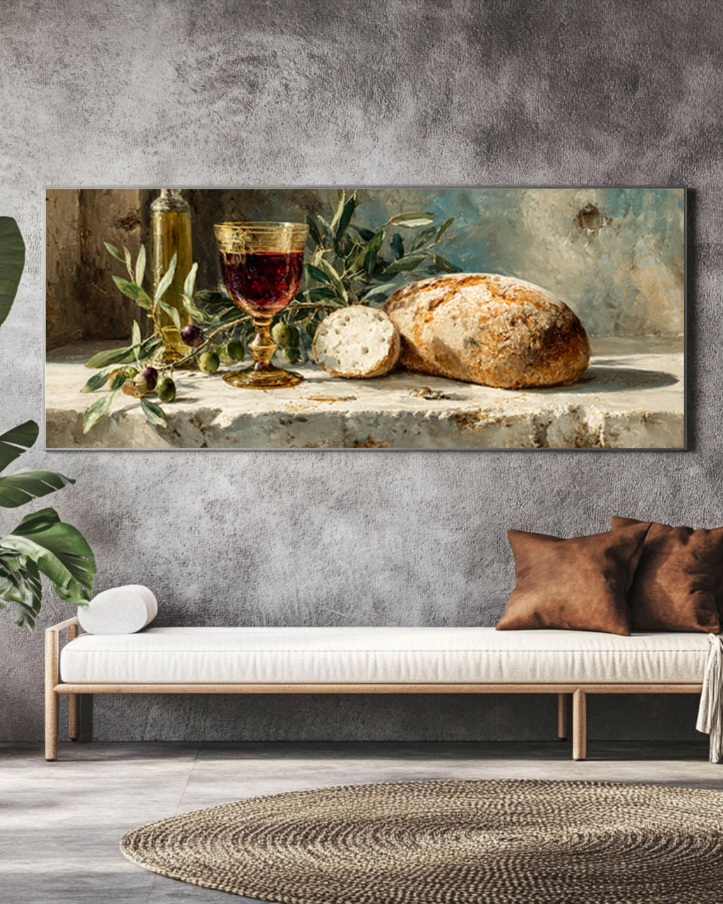 Olive and Wine Still Life Canvas Art – Rustic Kitchen Wall Decor