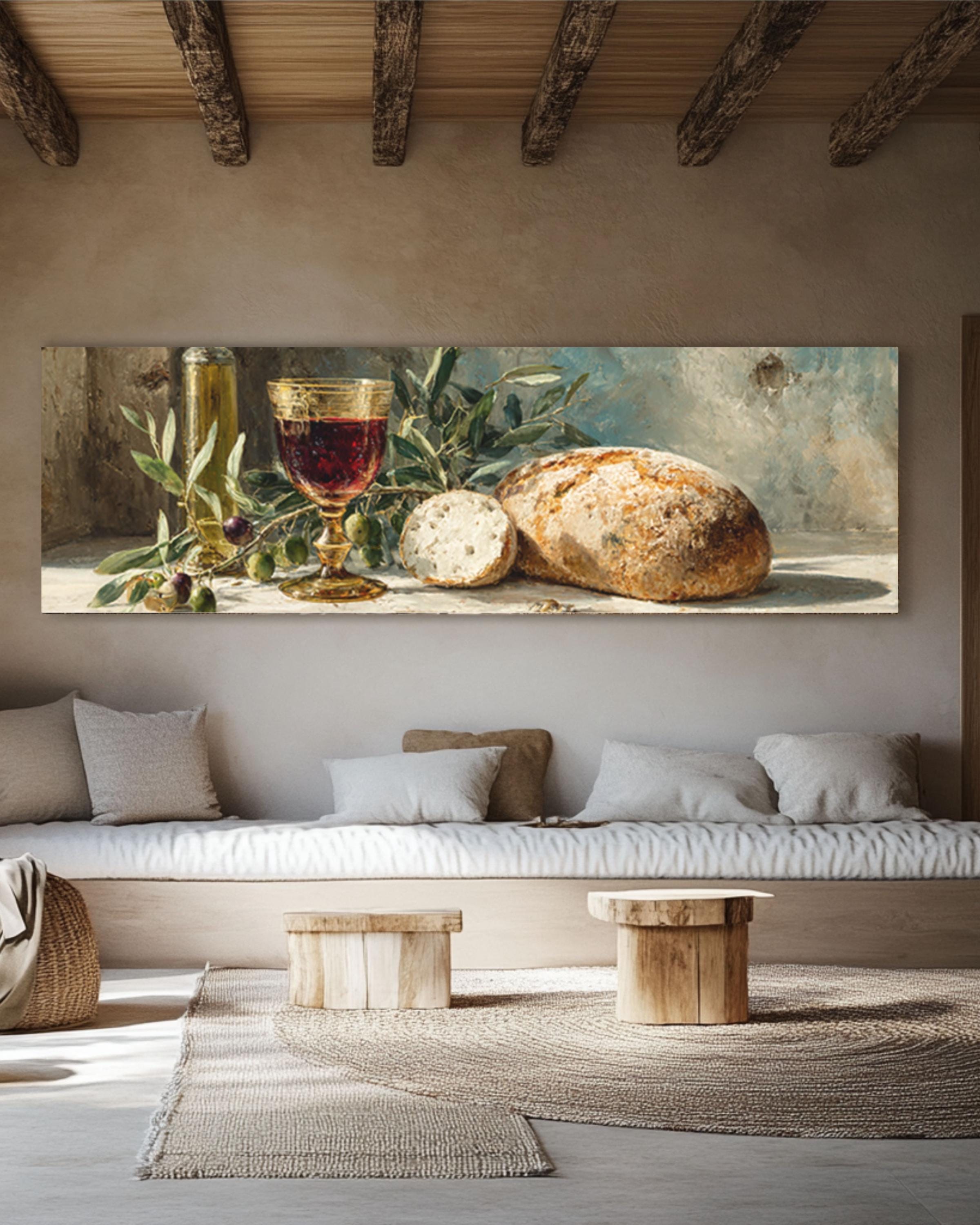 Olive and Wine Still Life Canvas Art – Rustic Kitchen Wall Decor