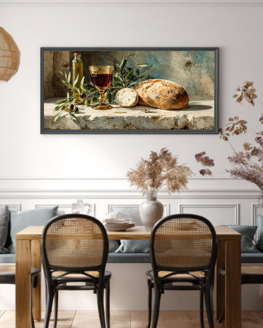 Olive and Wine Still Life Canvas Art – Rustic Kitchen Wall Decor