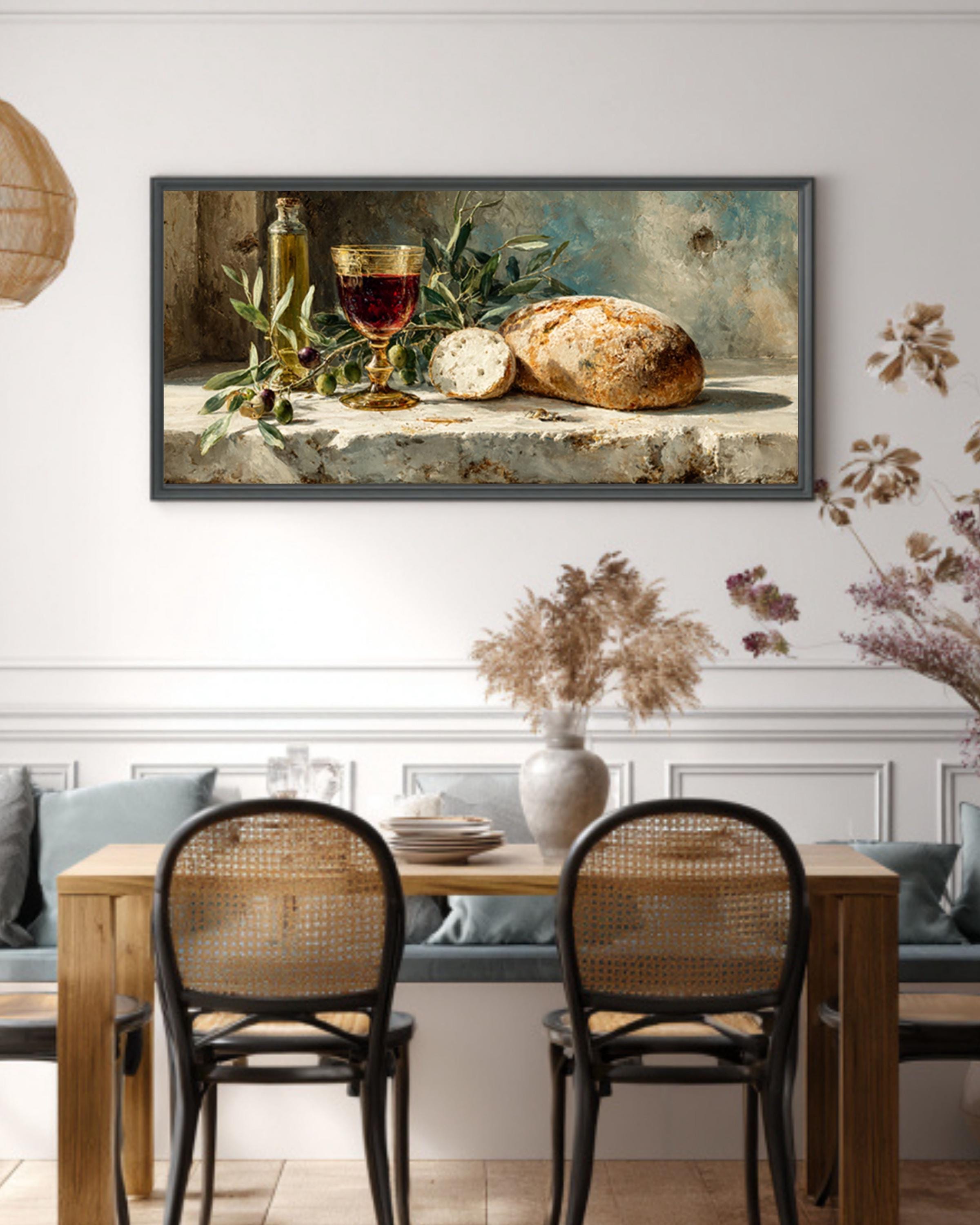 Olive and Wine Still Life Canvas Art – Rustic Kitchen Wall Decor