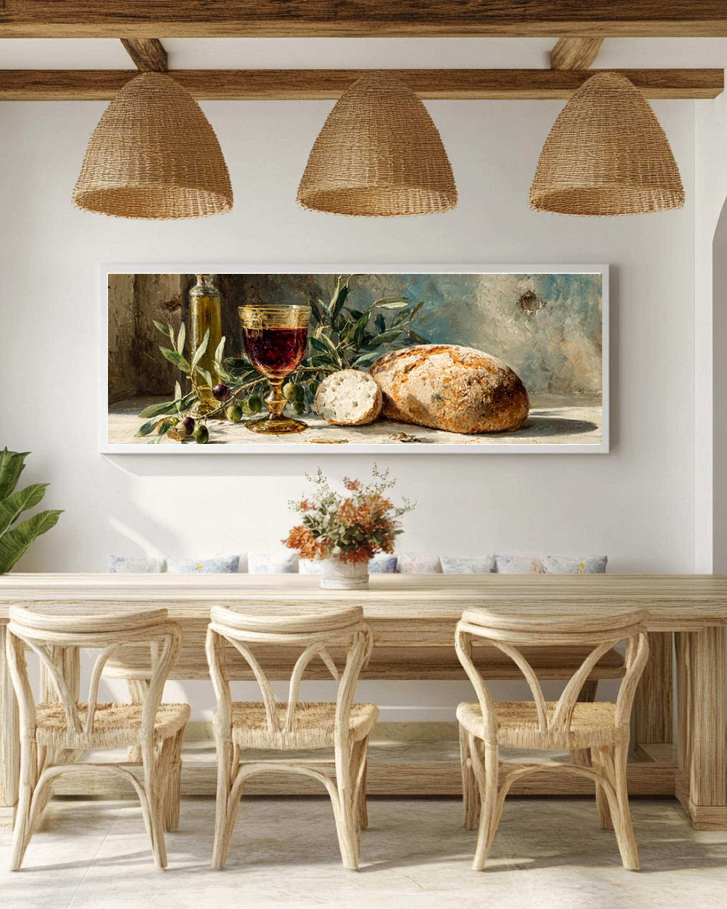 Olive and Wine Still Life Canvas Art – Rustic Kitchen Wall Decor