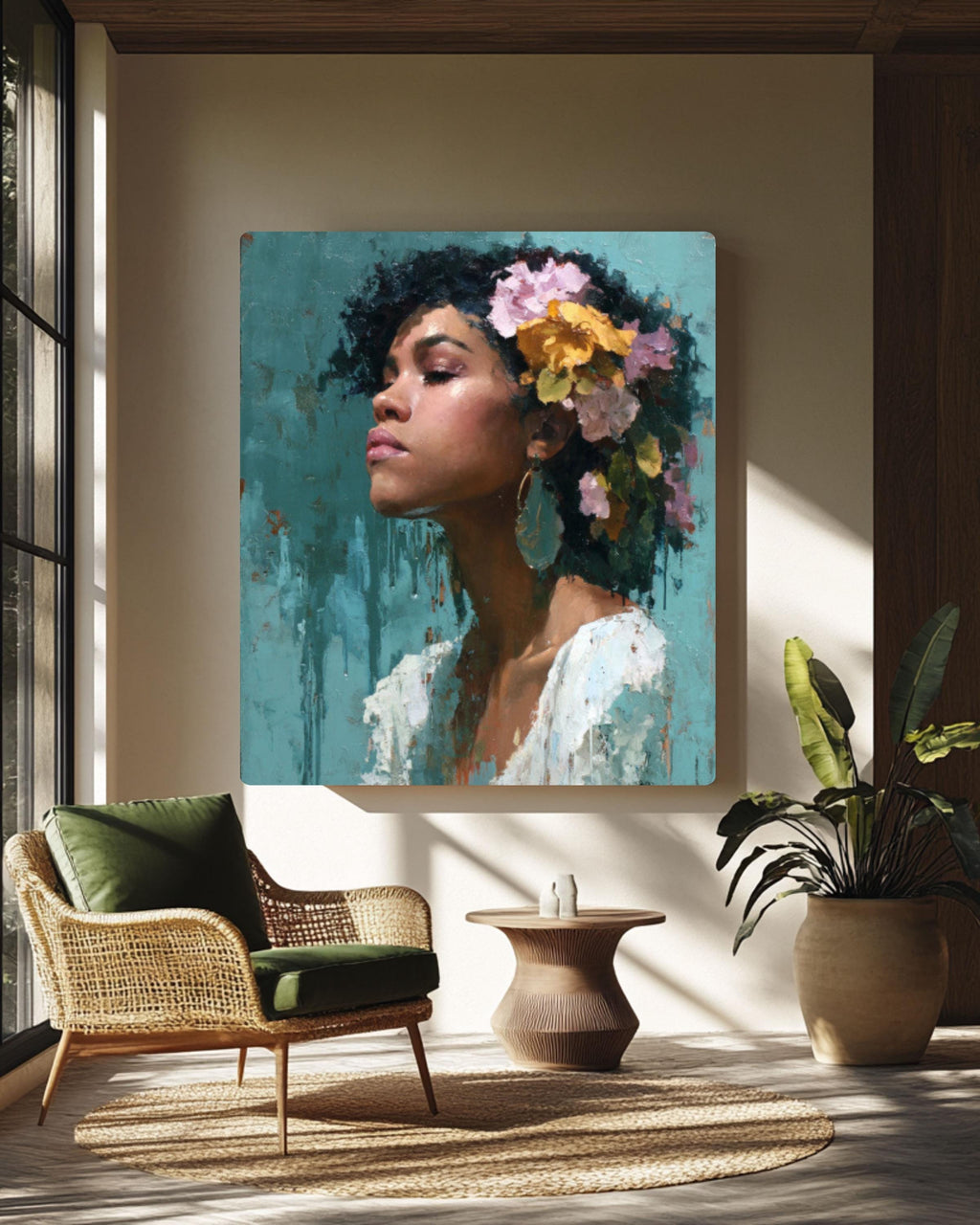 Afro Queen Portrait Canvas Wall Art – Black Woman with Flowers Painting