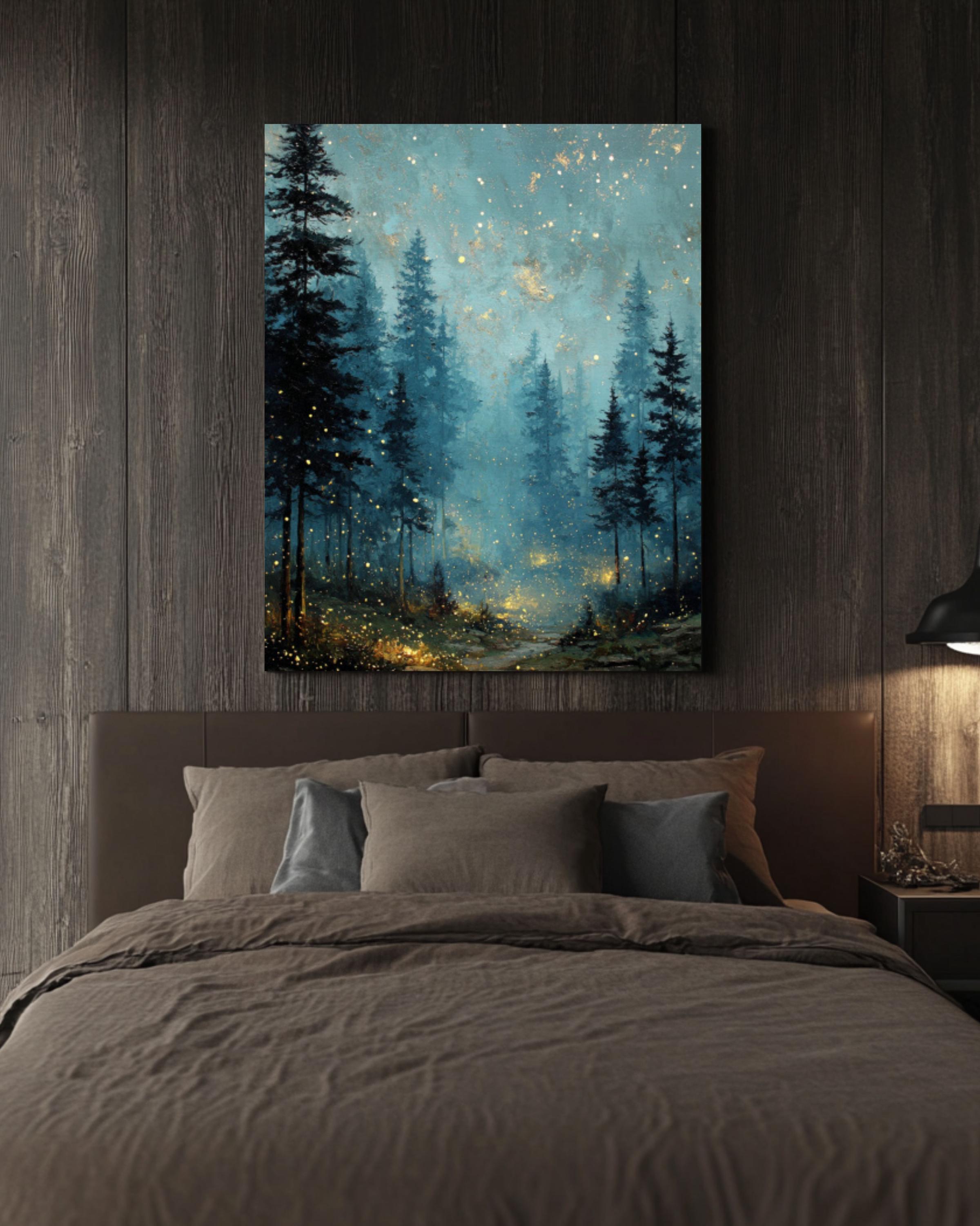 Vintage Night Sky Fireflies Canvas Wall Art – Pine Forest Landscape
