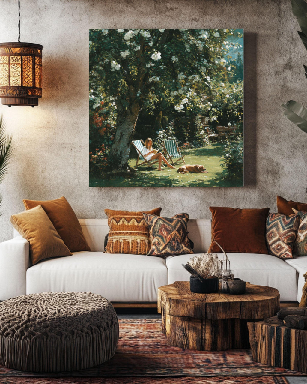 Woman Reading in Garden Canvas Art – White Roses Summer Painting