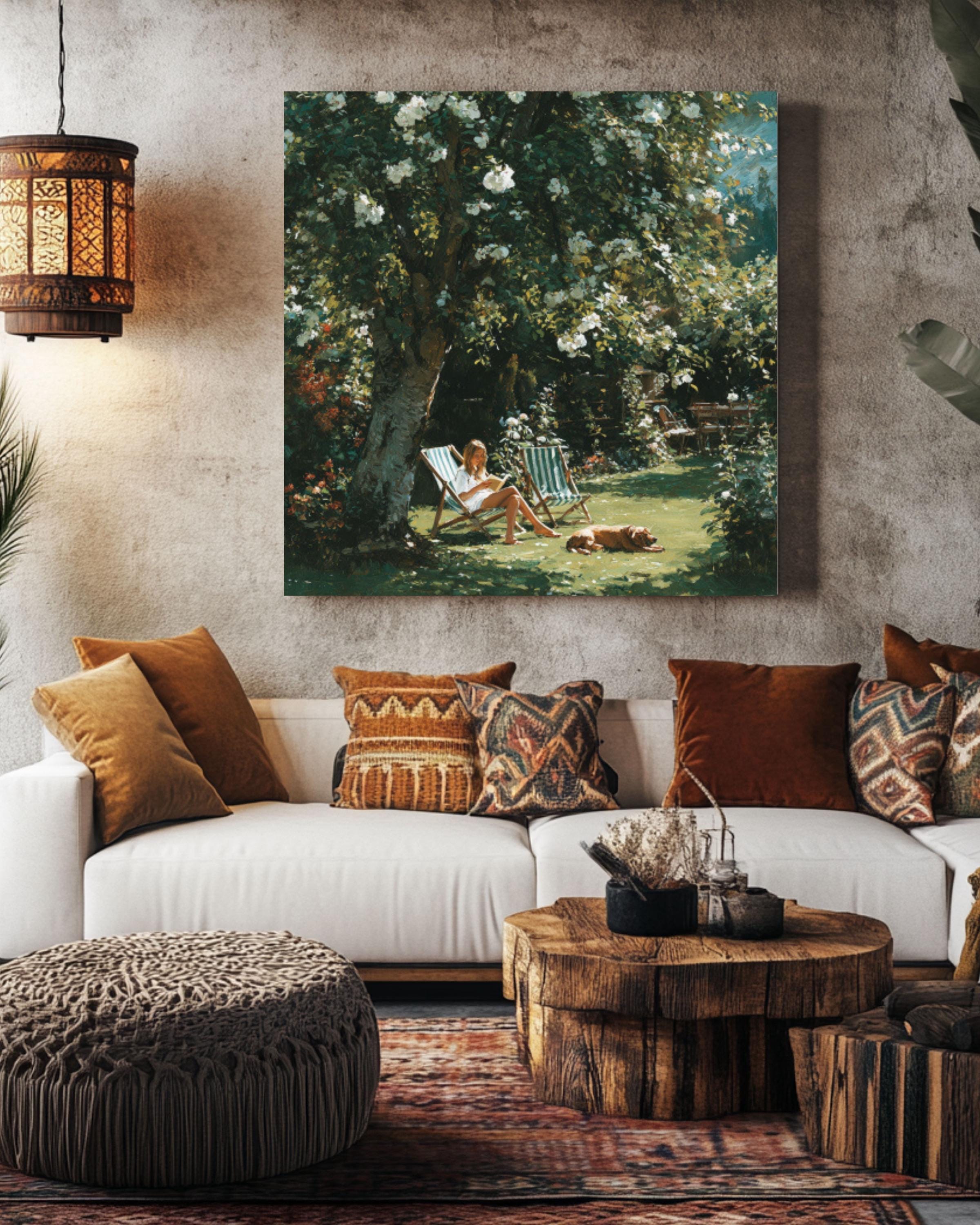 Woman Reading in Garden Canvas Art – White Roses Summer Painting