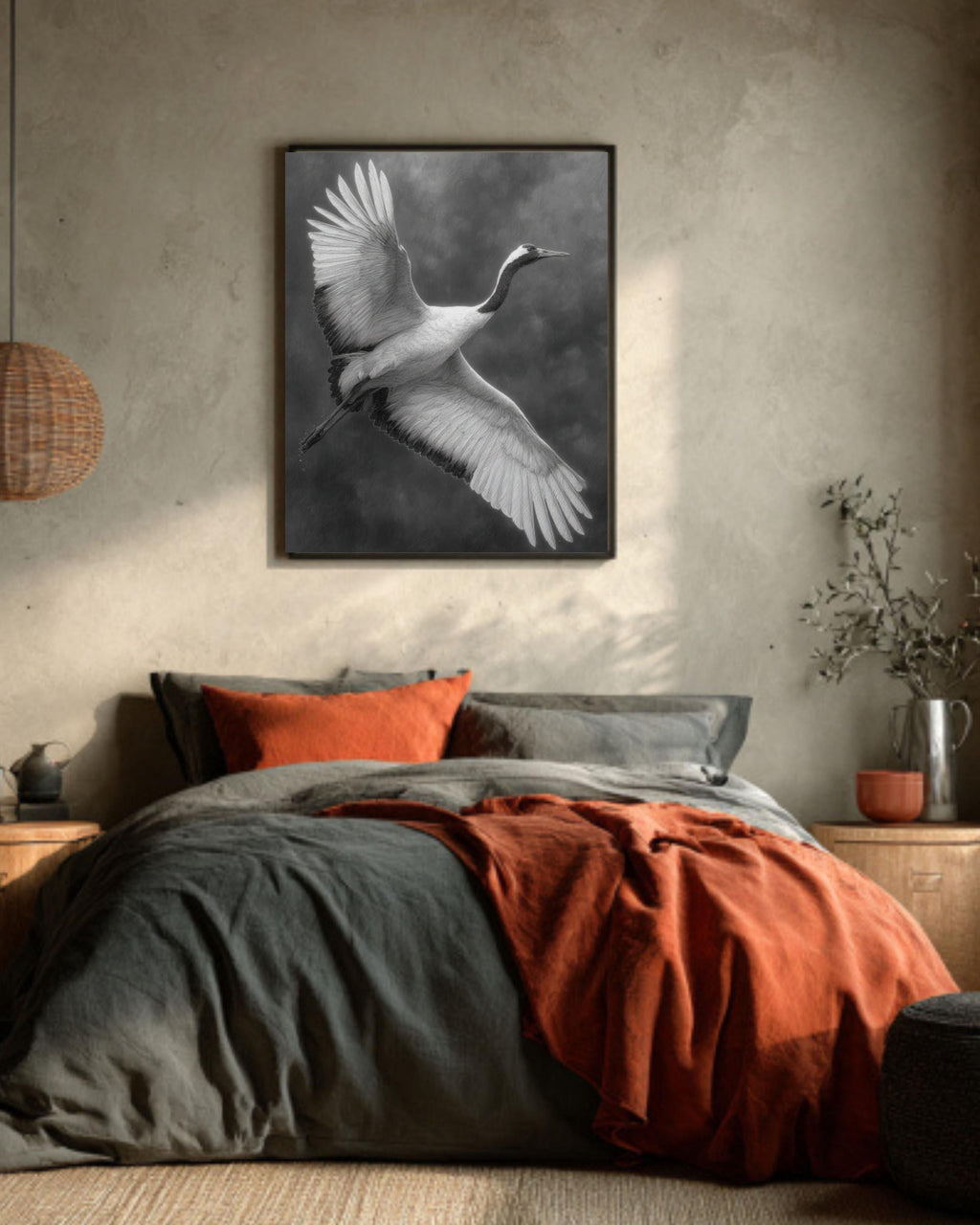 White Crane Pencil Drawing Wall Art – Elegant Bird in Flight Print