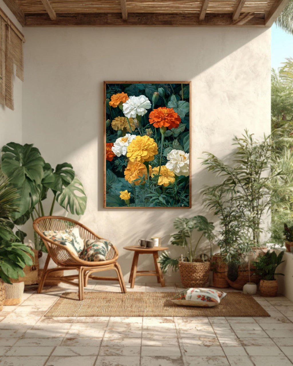 Marigold Floral Oil Painting Wall Art – Botanical Flower Canvas Print
