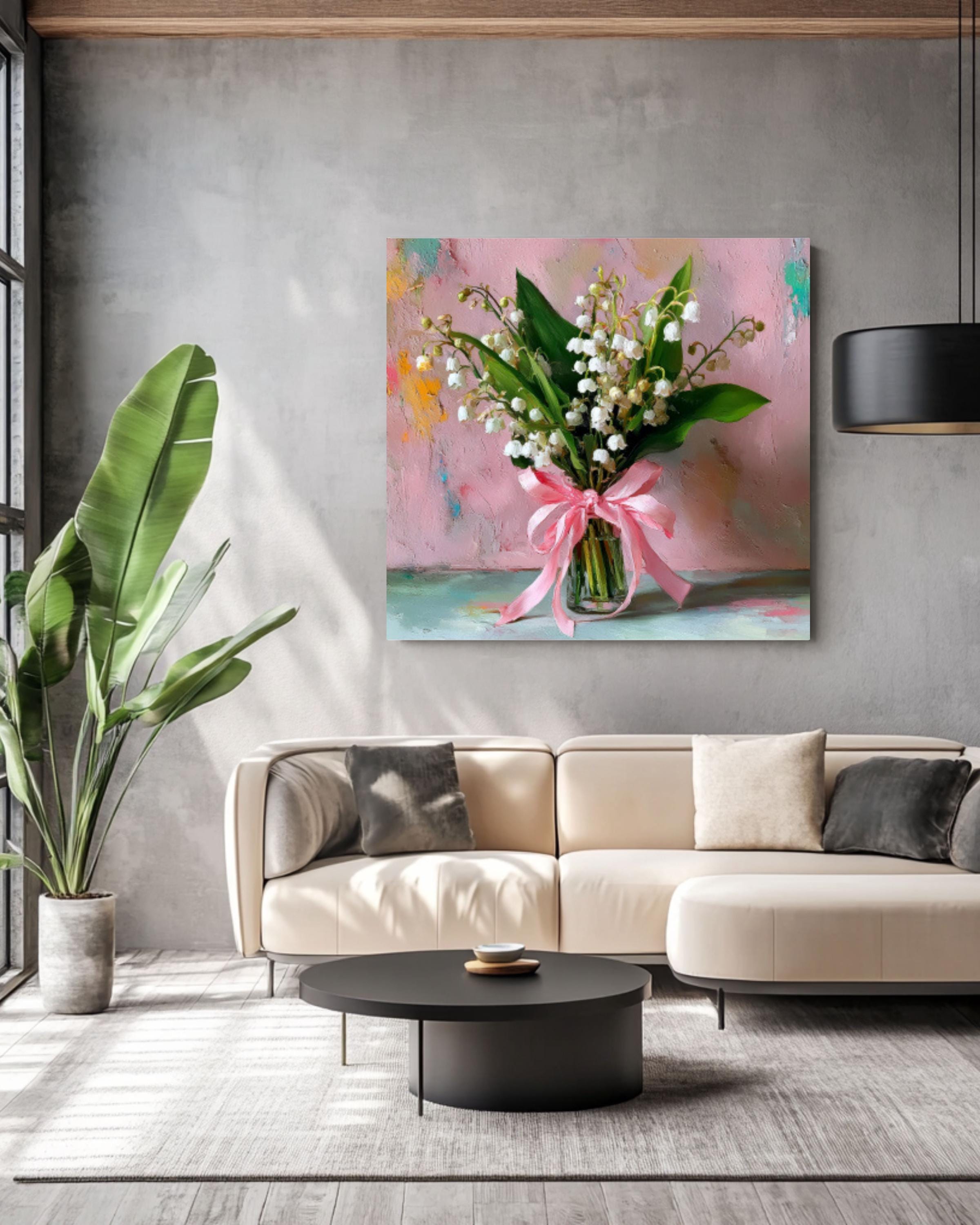 Lily of the Valley Wall Art – Pastel Floral Oil Painting with Pink Bow