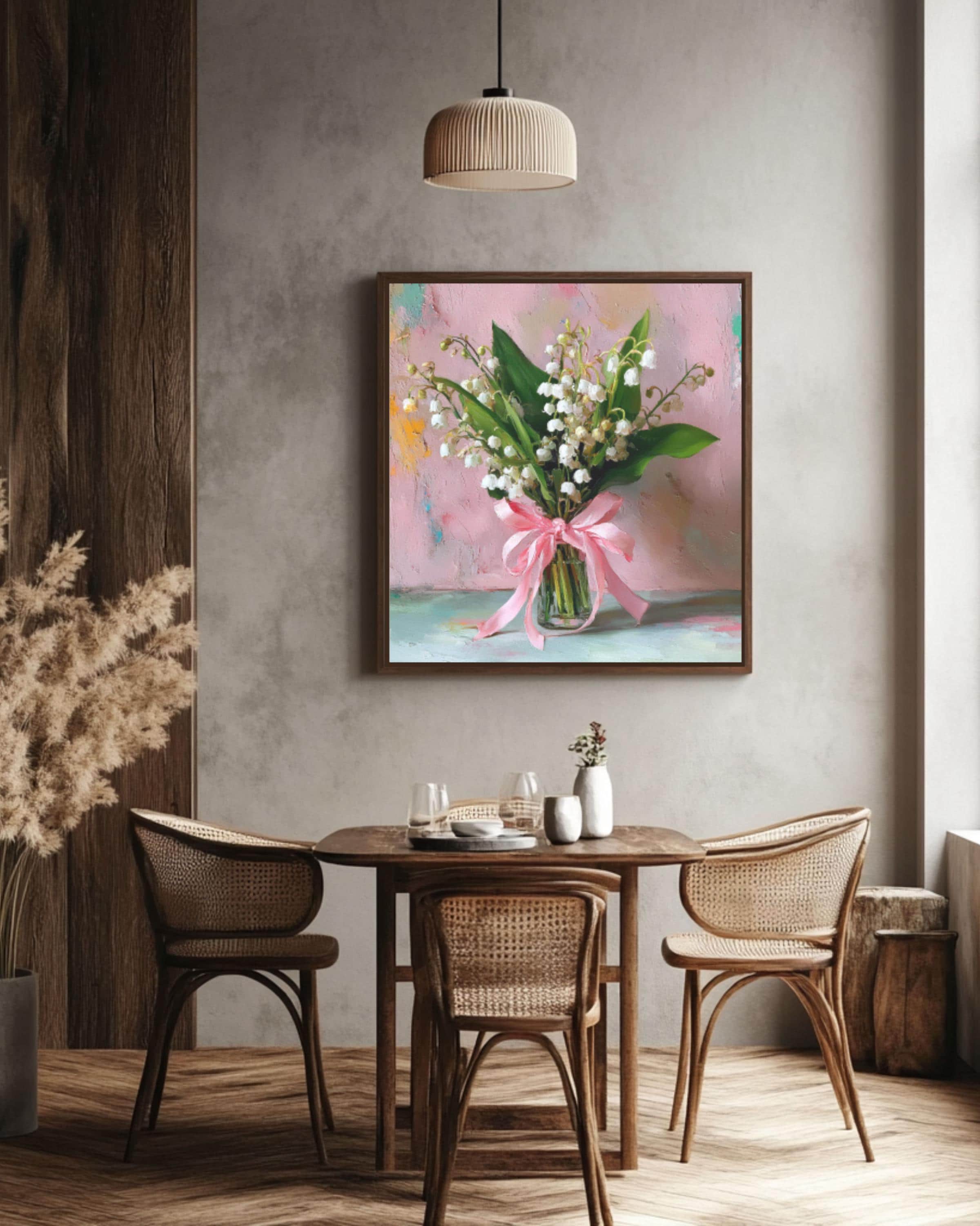 Lily of the Valley Wall Art – Pastel Floral Oil Painting with Pink Bow