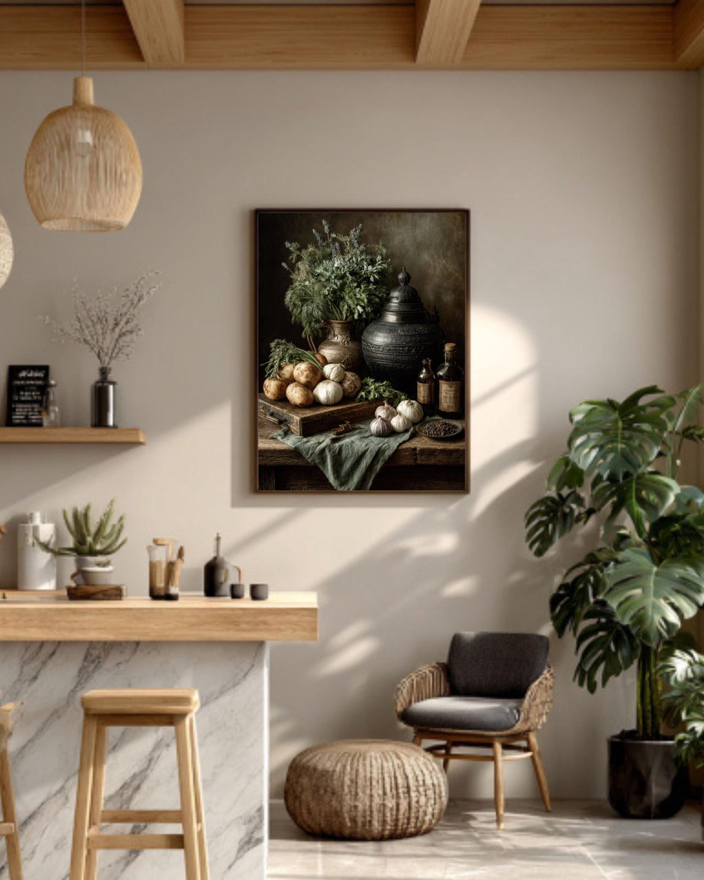 Old Master Still Life Wall Art – Herbs & Vegetables Rustic Kitchen Painting