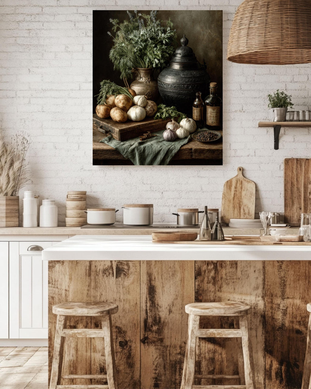 Old Master Still Life Wall Art – Herbs & Vegetables Rustic Kitchen Painting