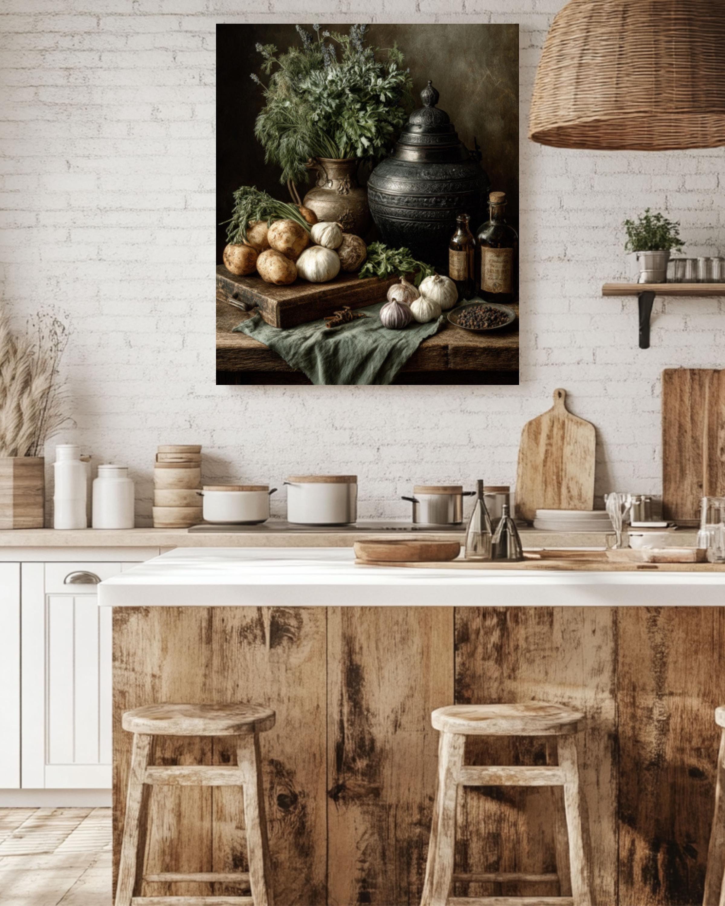 Old Master Still Life Wall Art – Herbs & Vegetables Rustic Kitchen Painting