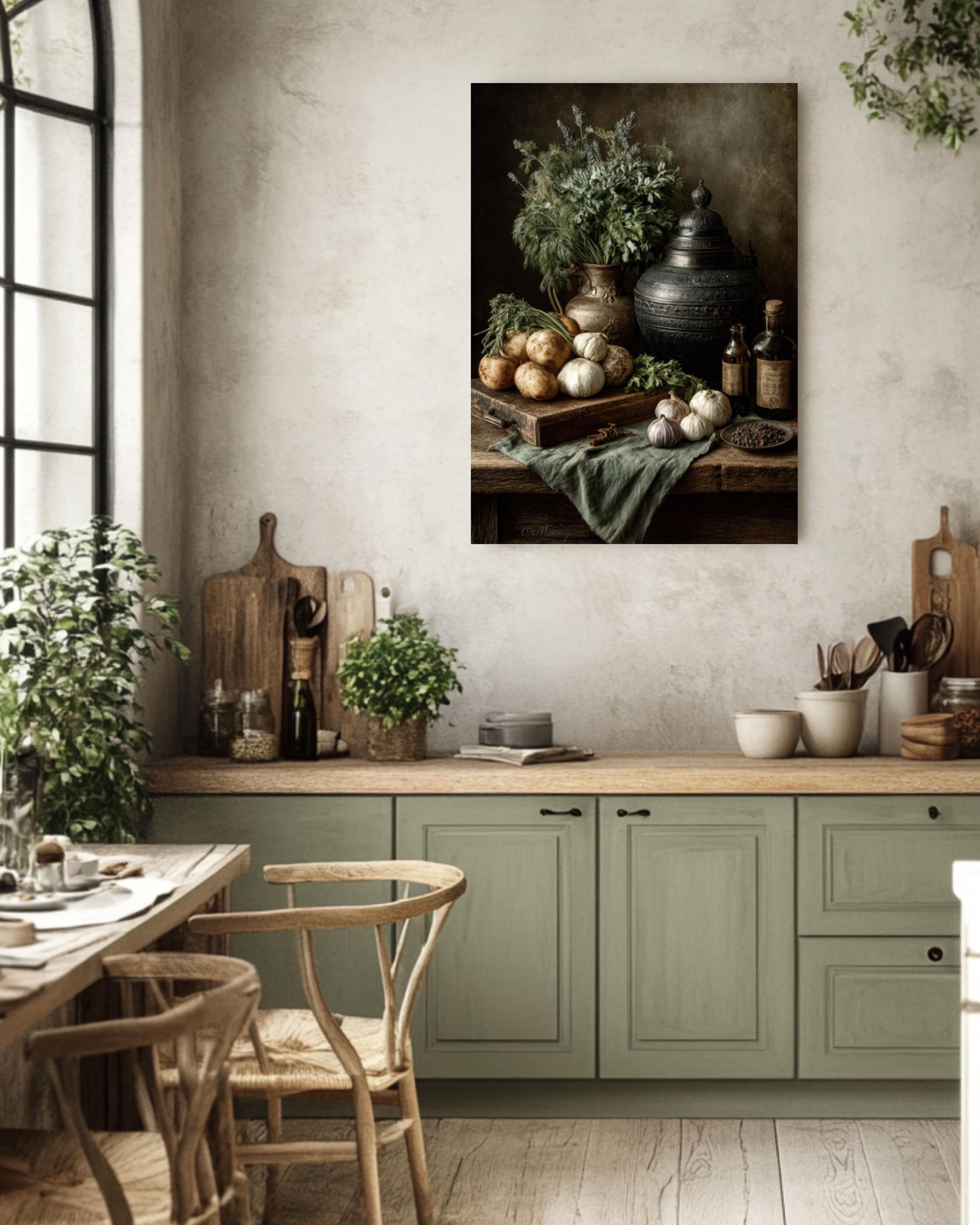 Old Master Still Life Wall Art – Herbs & Vegetables Rustic Kitchen Painting