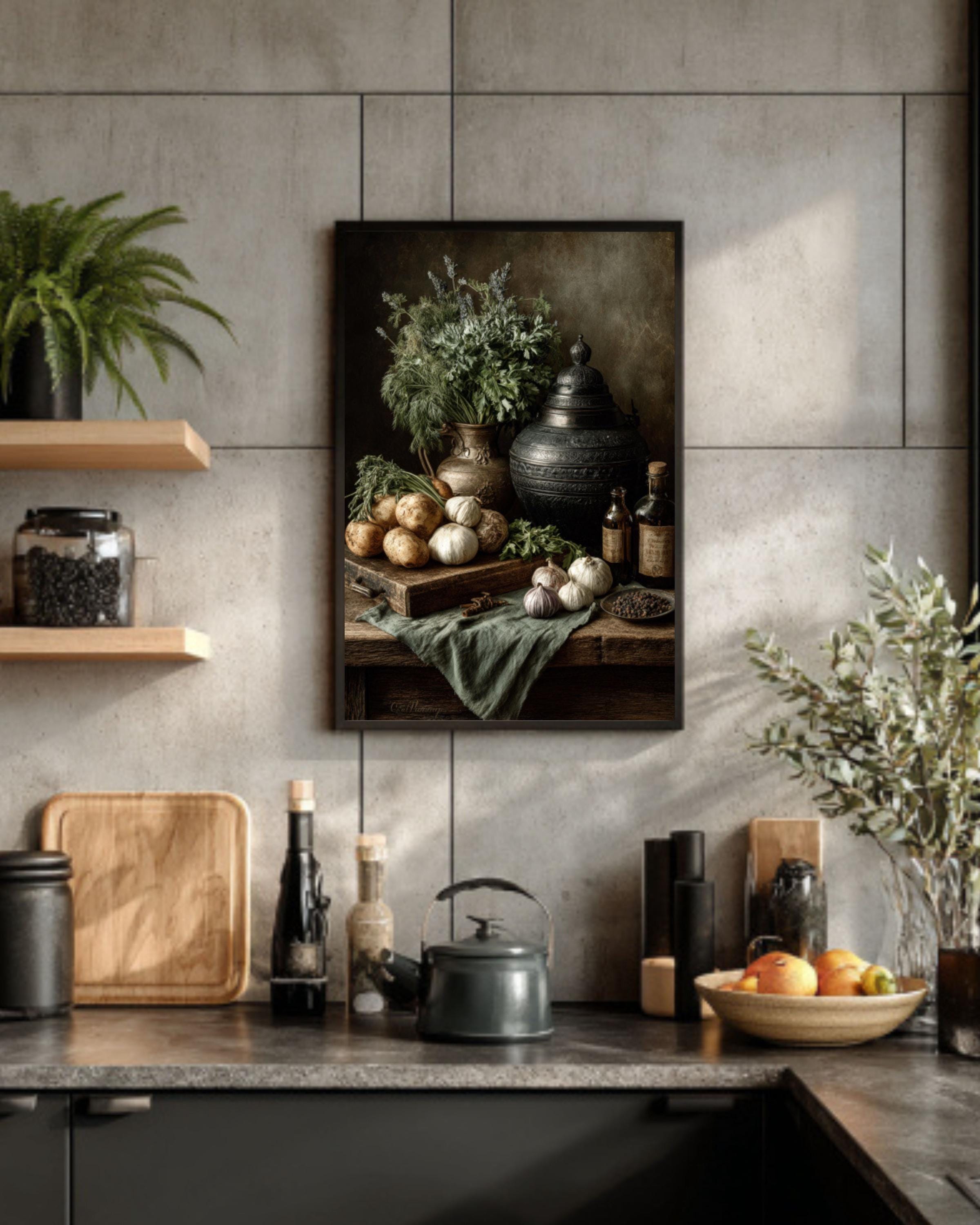 Old Master Still Life Wall Art – Herbs & Vegetables Rustic Kitchen Painting
