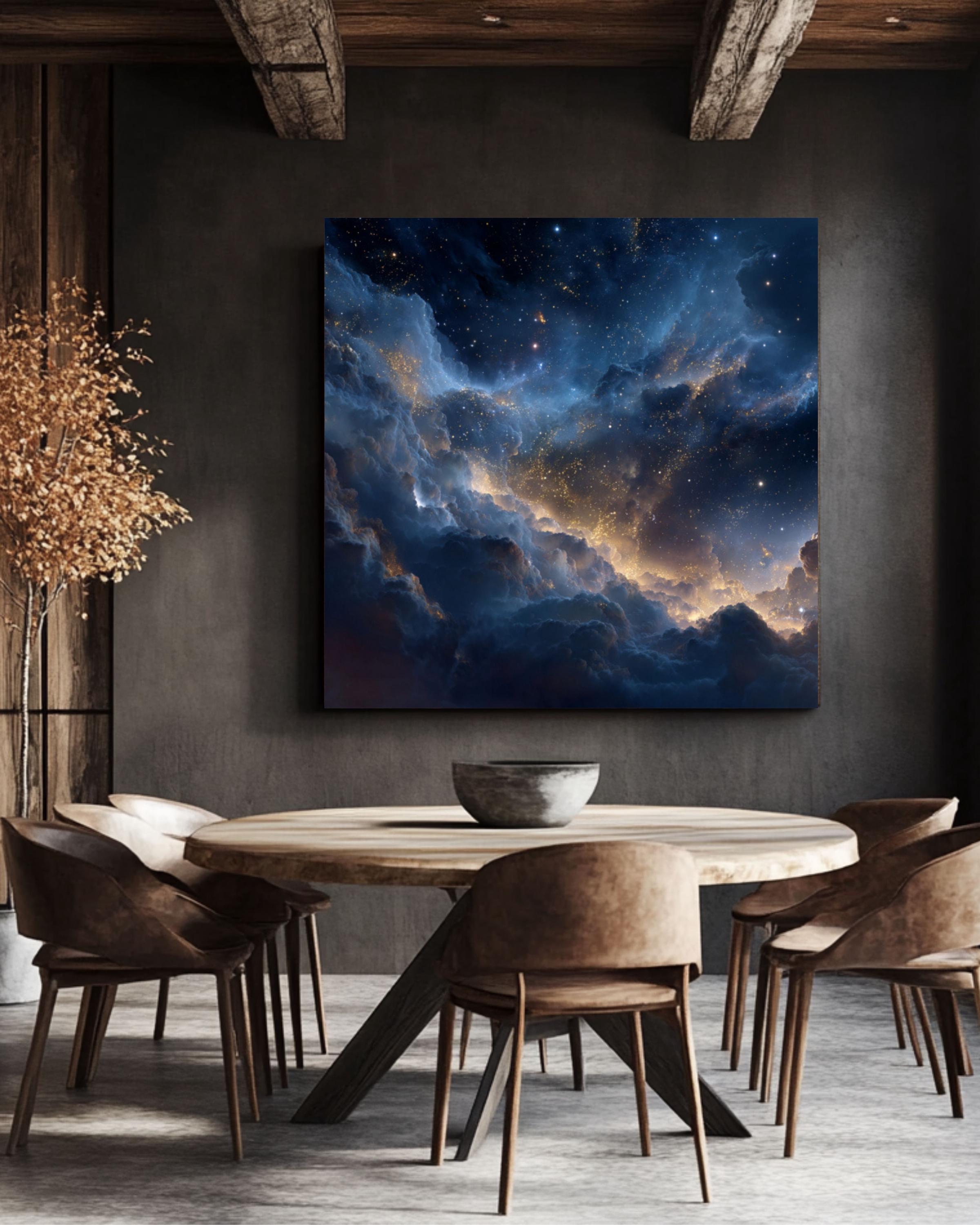 Celestial Starry Sky Art – Dark Blue & Gold Wall Decor