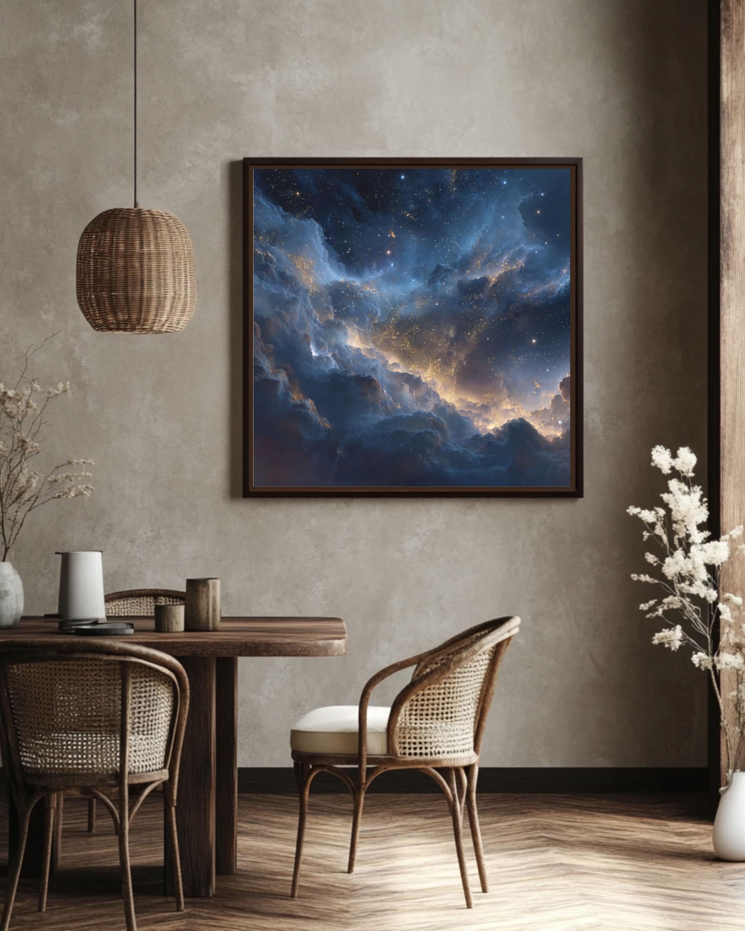 Celestial Starry Sky Art – Dark Blue & Gold Wall Decor