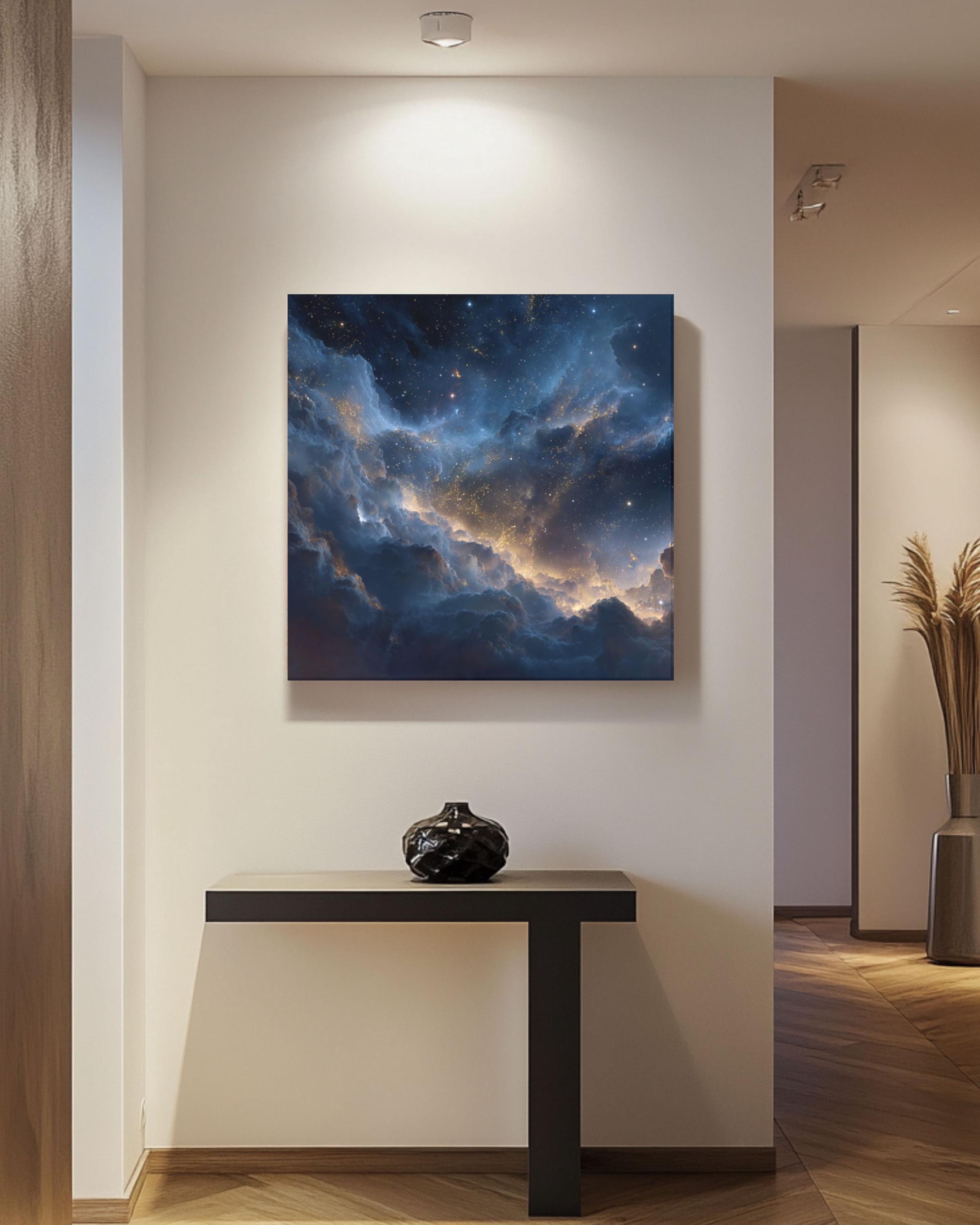 Celestial Starry Sky Art – Dark Blue & Gold Wall Decor