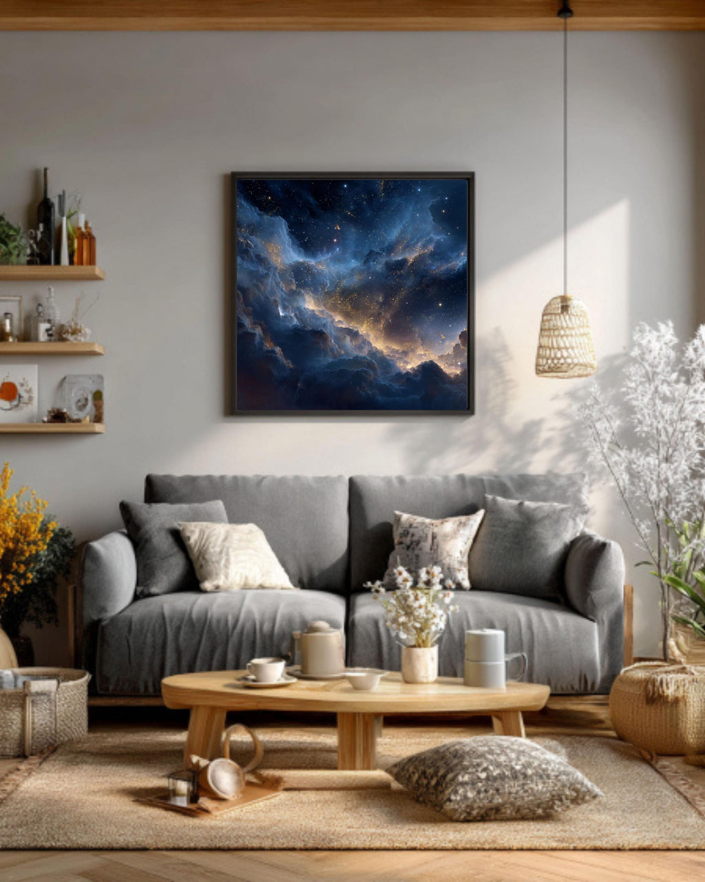 celestial starry sky art dark blue gold wall decor