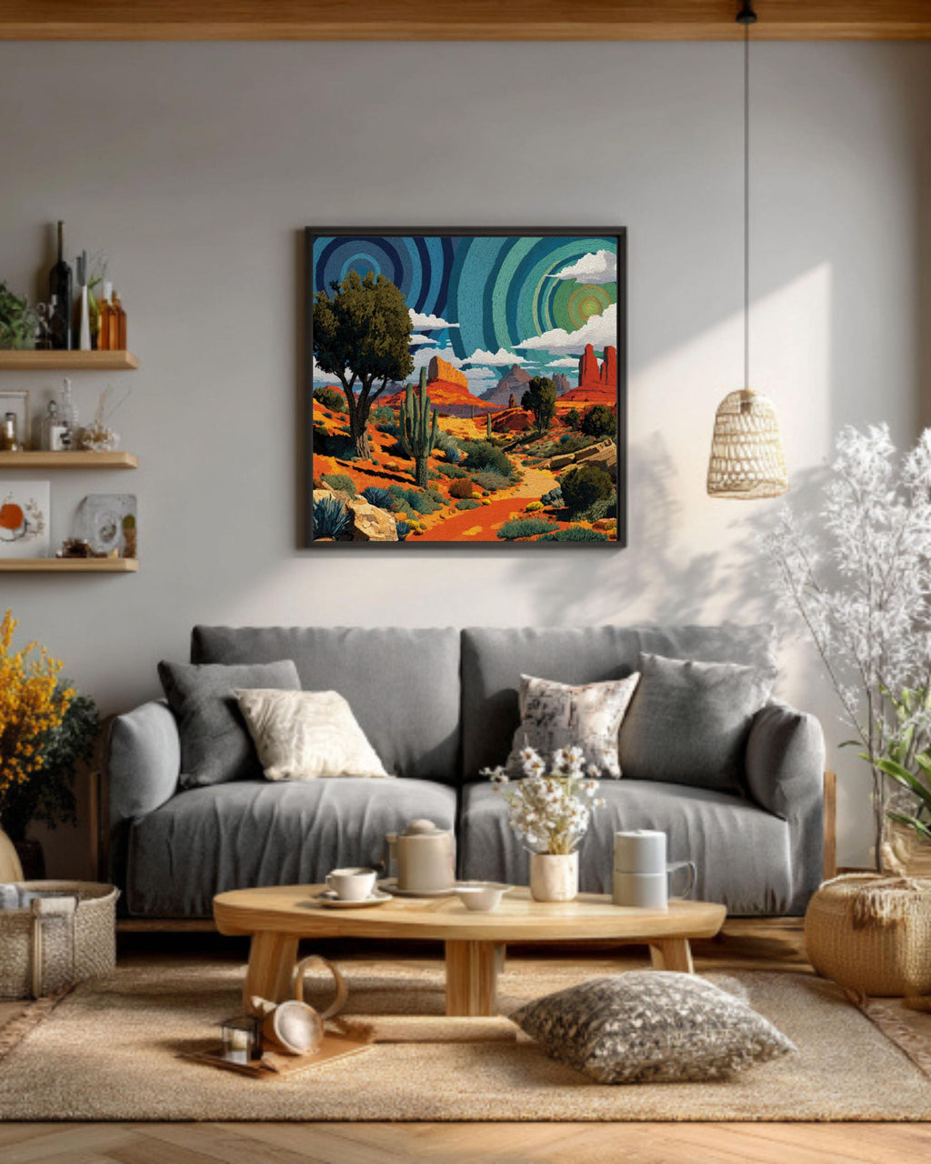 Psychedelic Desert Wall Art – Spiral Cactus Watercolor Landscape