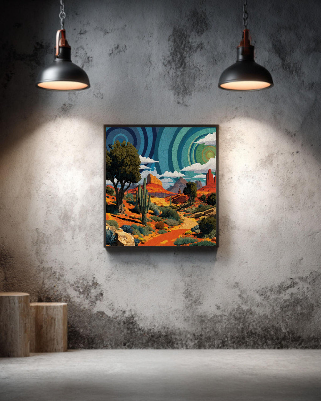 Psychedelic Desert Wall Art – Spiral Cactus Watercolor Landscape