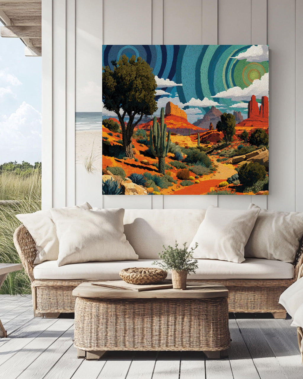 Psychedelic Desert Wall Art – Spiral Cactus Watercolor Landscape