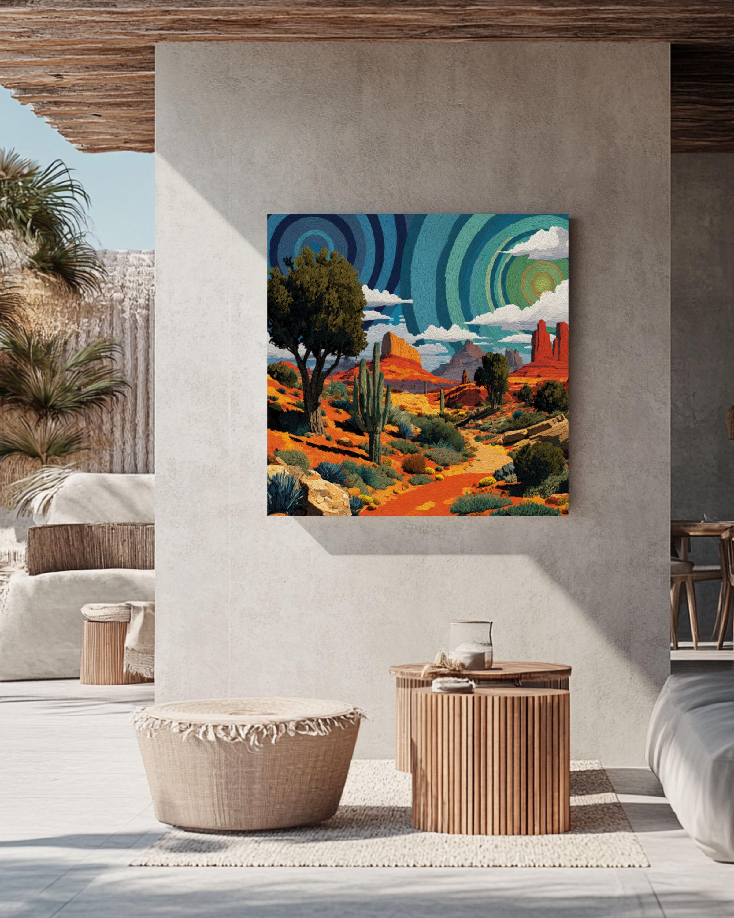 Psychedelic Desert Wall Art – Spiral Cactus Watercolor Landscape