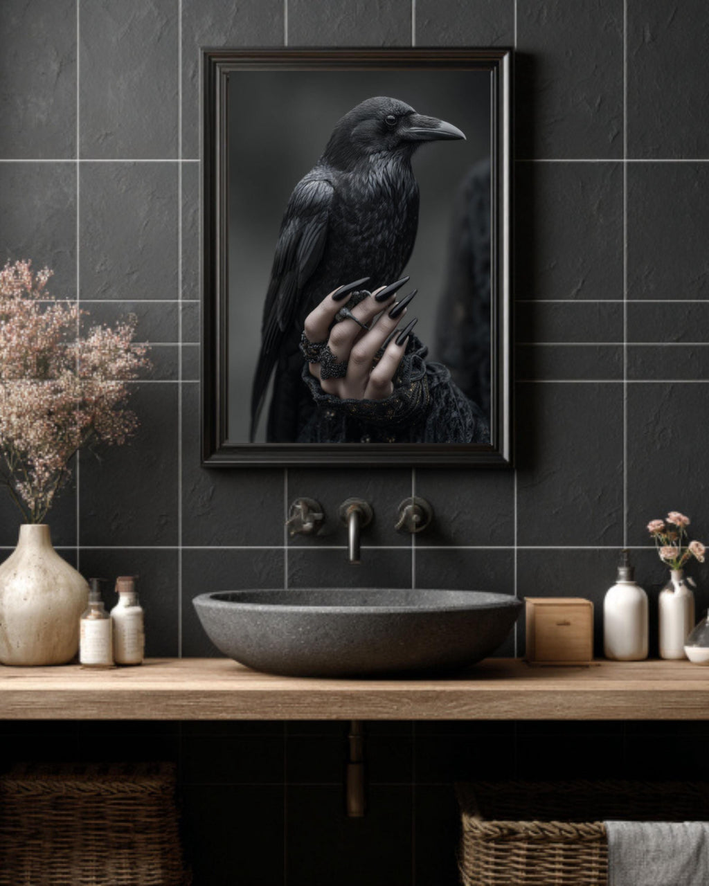 Gothic Raven Hand Wall Art – Dark Surreal Poster or Canvas Print
