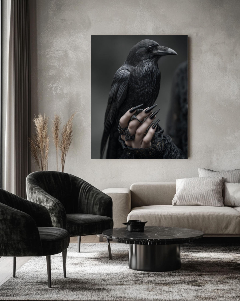 Gothic Raven Hand Wall Art – Dark Surreal Poster or Canvas Print