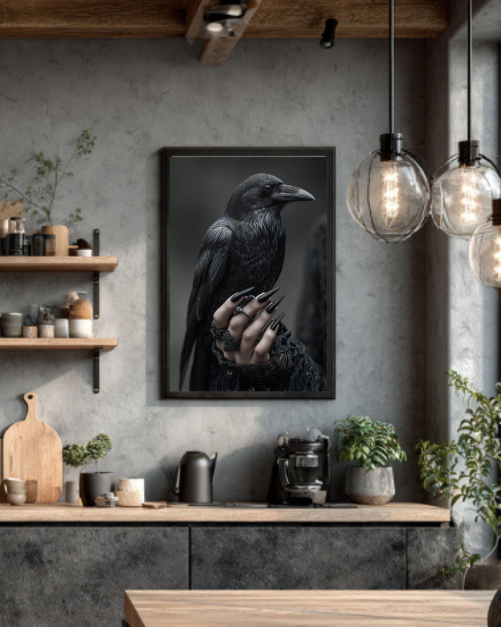 Gothic Raven Hand Wall Art – Dark Surreal Poster or Canvas Print