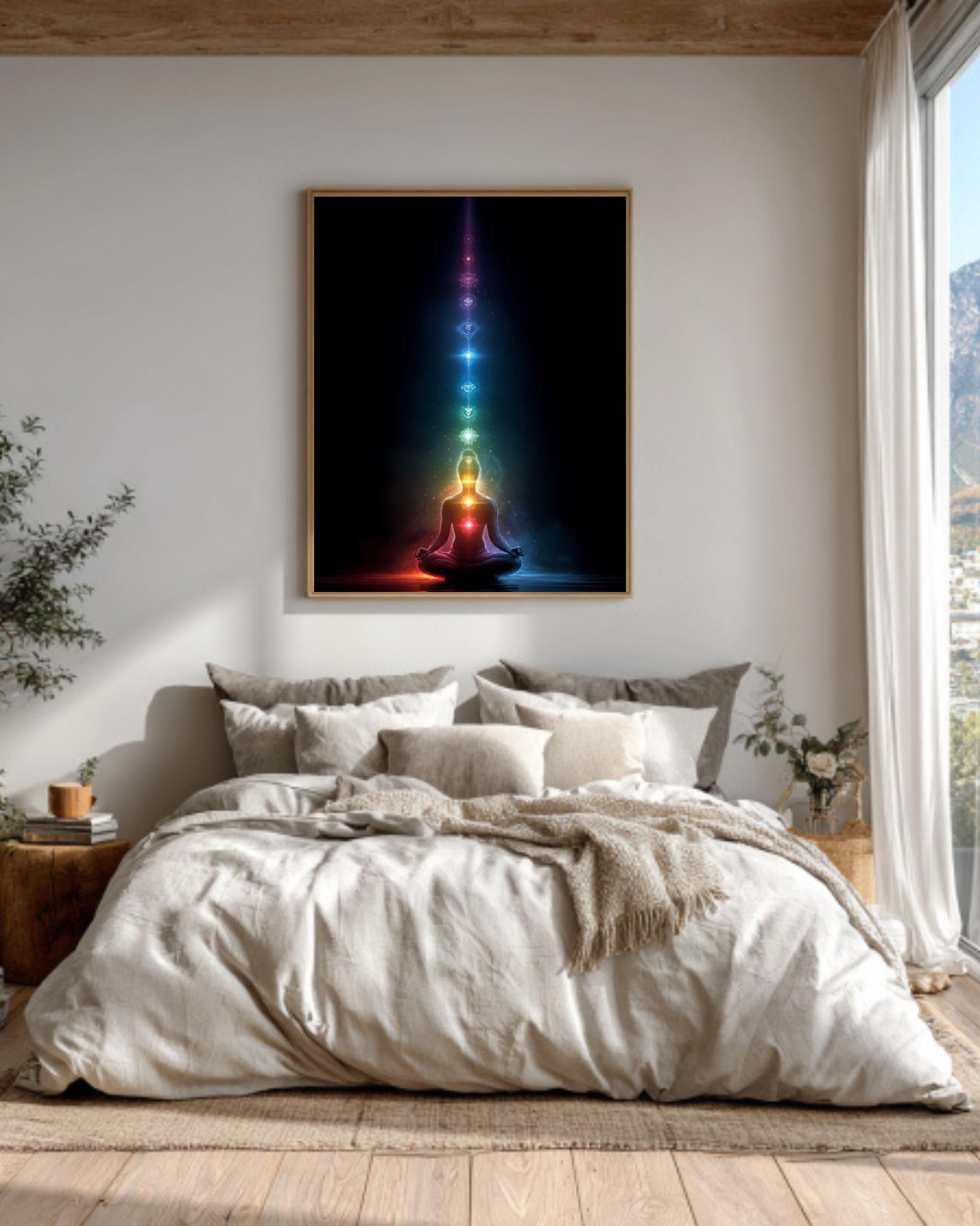Chakra Meditation Art – Lotus Pose Energy Poster, Canvas, or Framed Print
