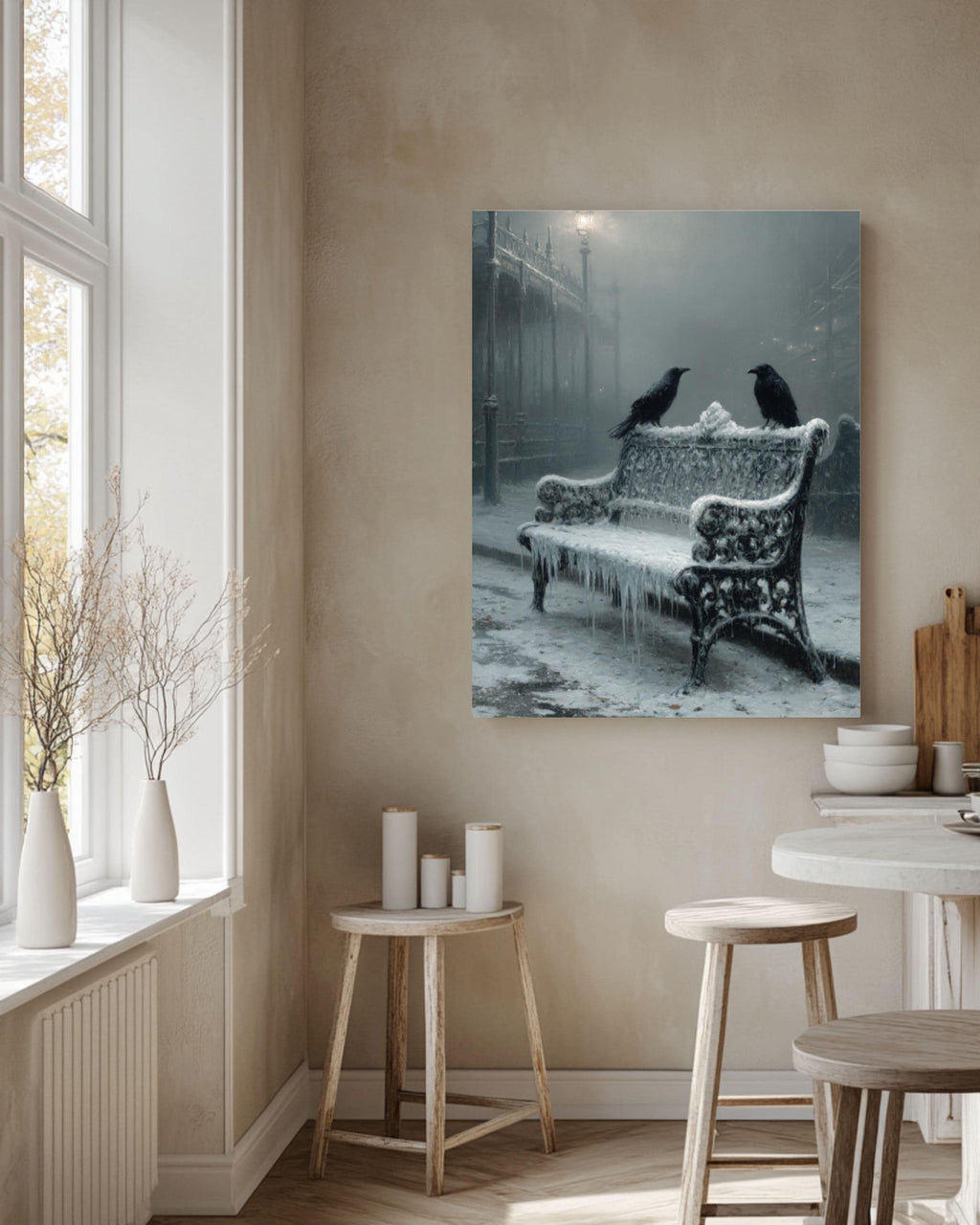 Victorian Crow Bench Wall Art Print – Gothic Winter Landscape Home Decor