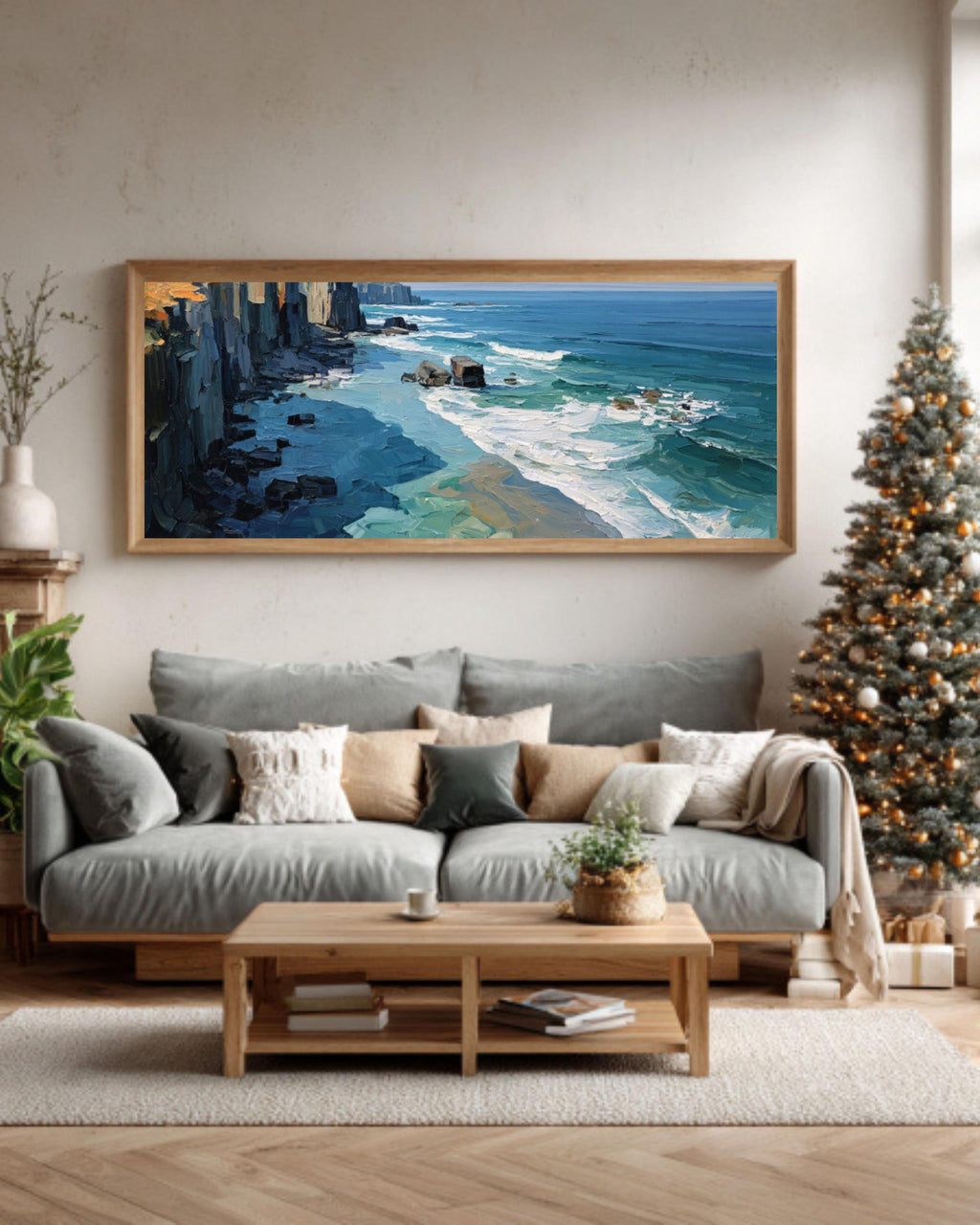 Abstract Coastal Cliff Wall Art – Ocean Oil Painting on Framed Canvas
