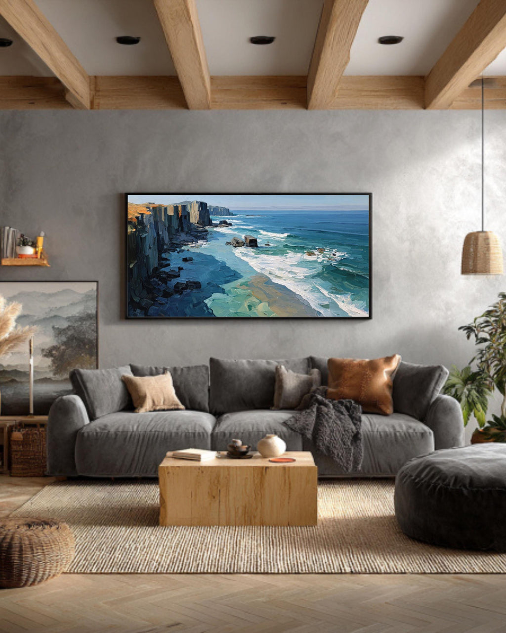 Abstract Coastal Cliff Wall Art – Ocean Oil Painting on Framed Canvas
