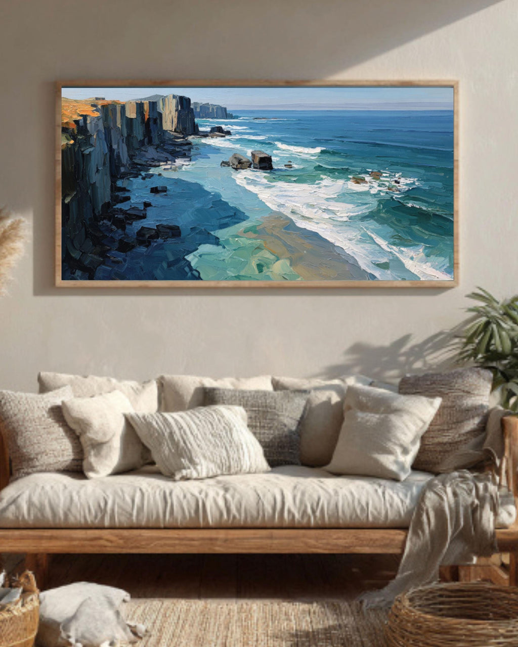 Abstract Coastal Cliff Wall Art – Ocean Oil Painting on Framed Canvas