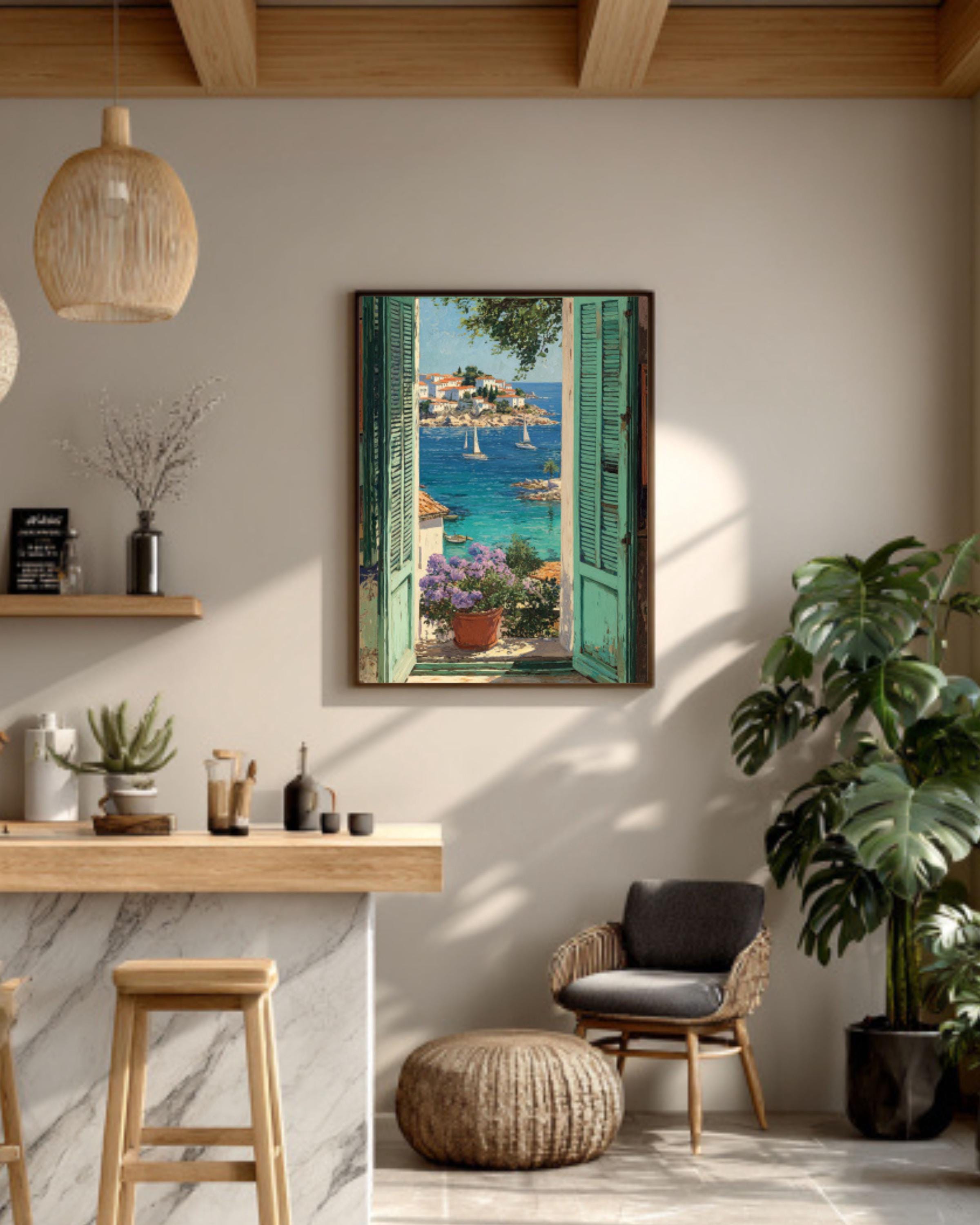 Matisse-Inspired Coastal Wall Art – Sea View with Sailboats & Green Shutters