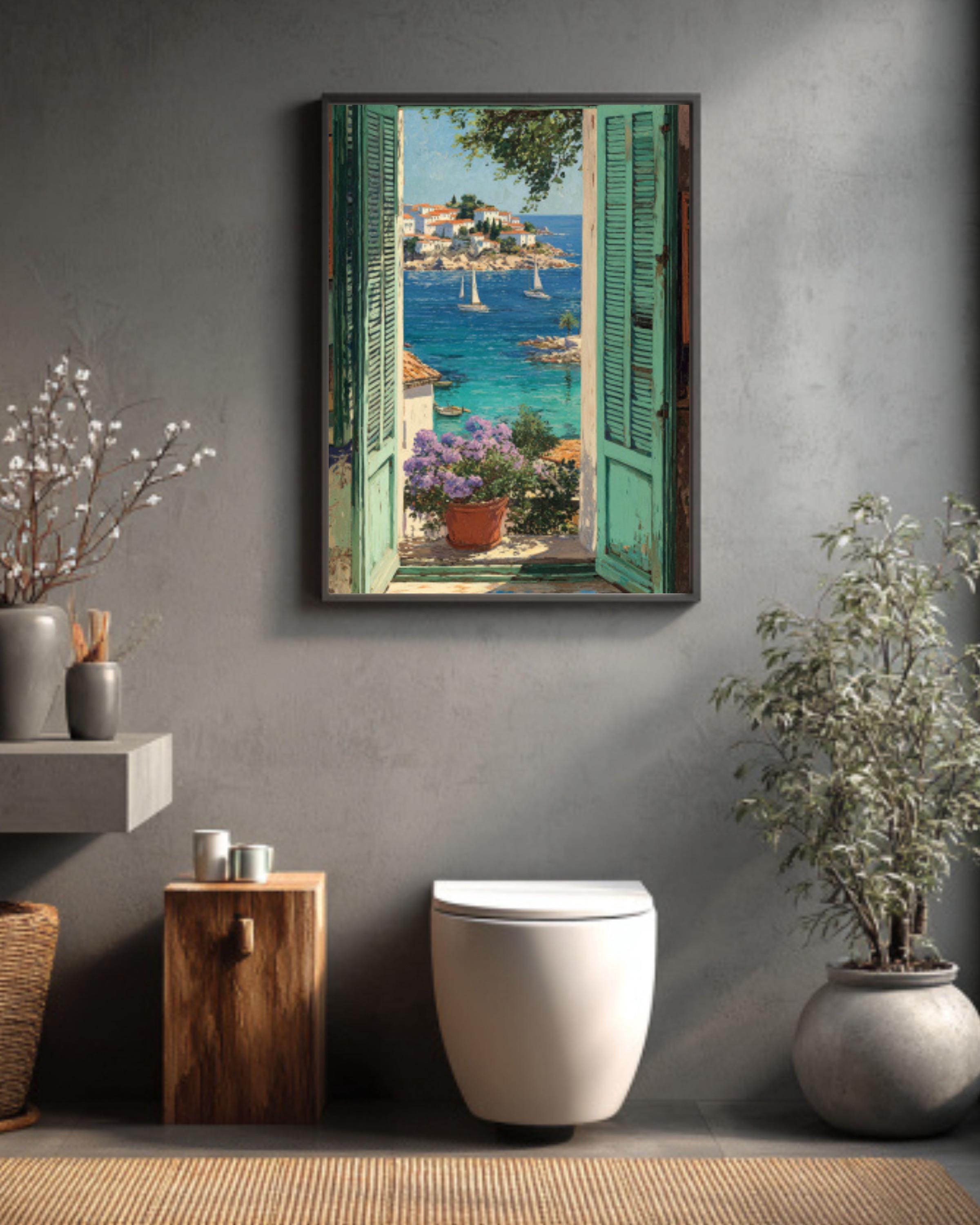 Matisse-Inspired Coastal Wall Art – Sea View with Sailboats & Green Shutters