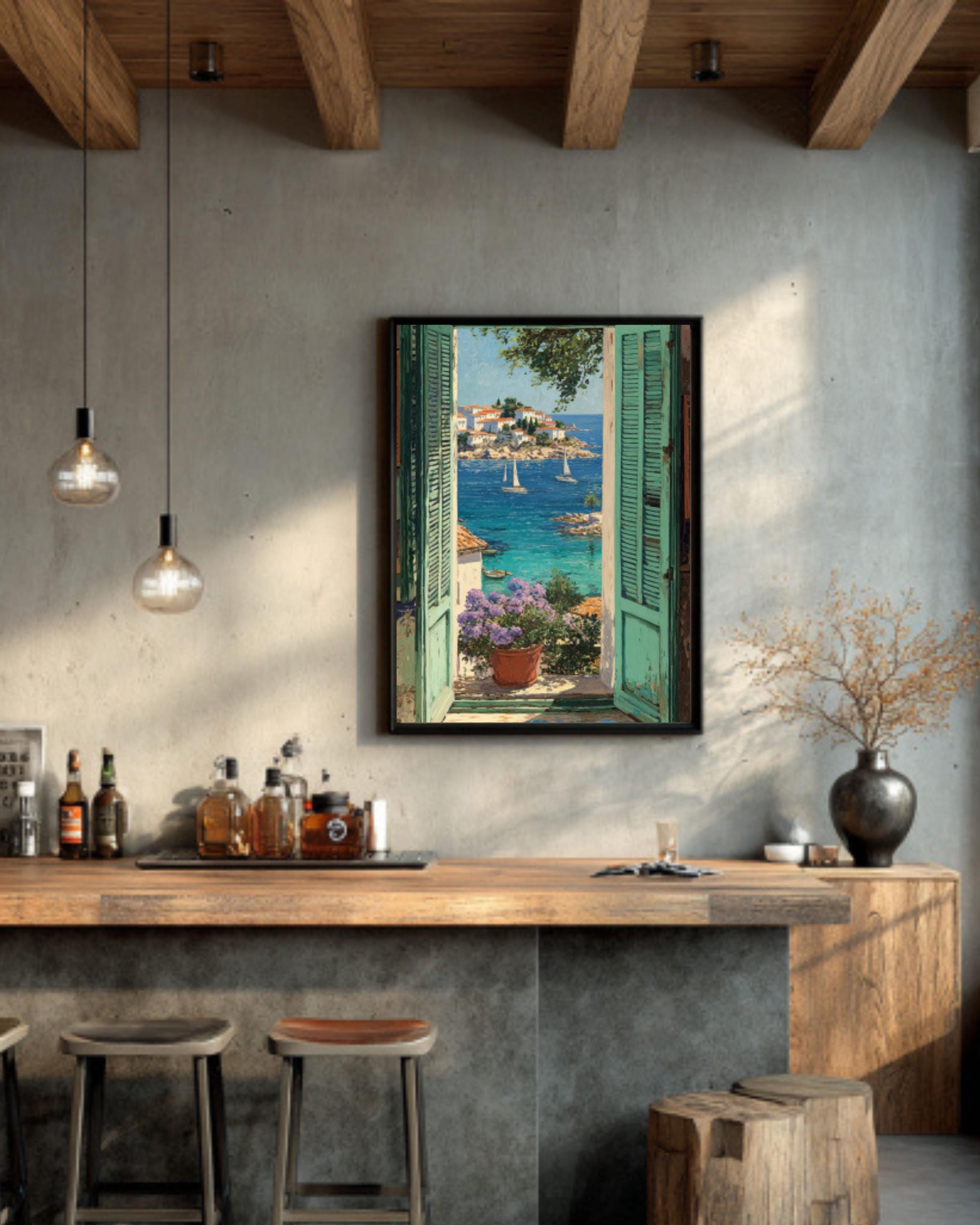 Matisse-Inspired Coastal Wall Art – Sea View with Sailboats & Green Shutters