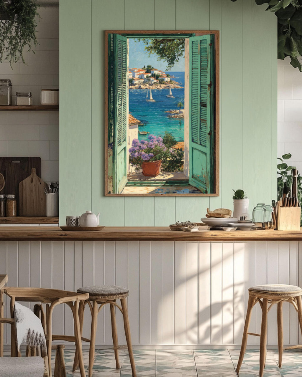 Matisse-Inspired Coastal Wall Art – Sea View with Sailboats & Green Shutters