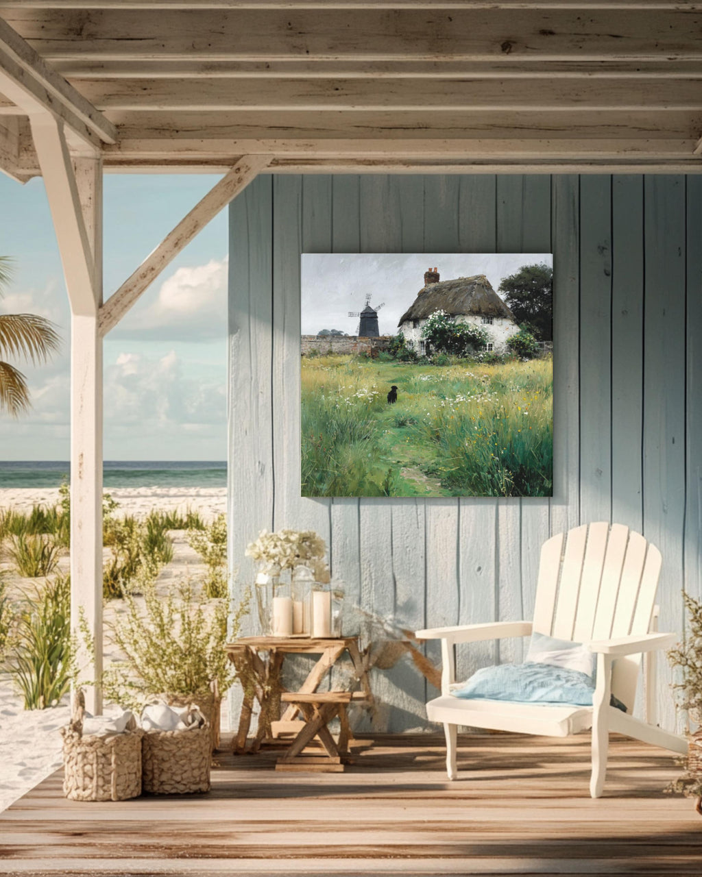 Thatched Cottage Wall Art – Rustic Garden Windmill & Dog Landscape Print