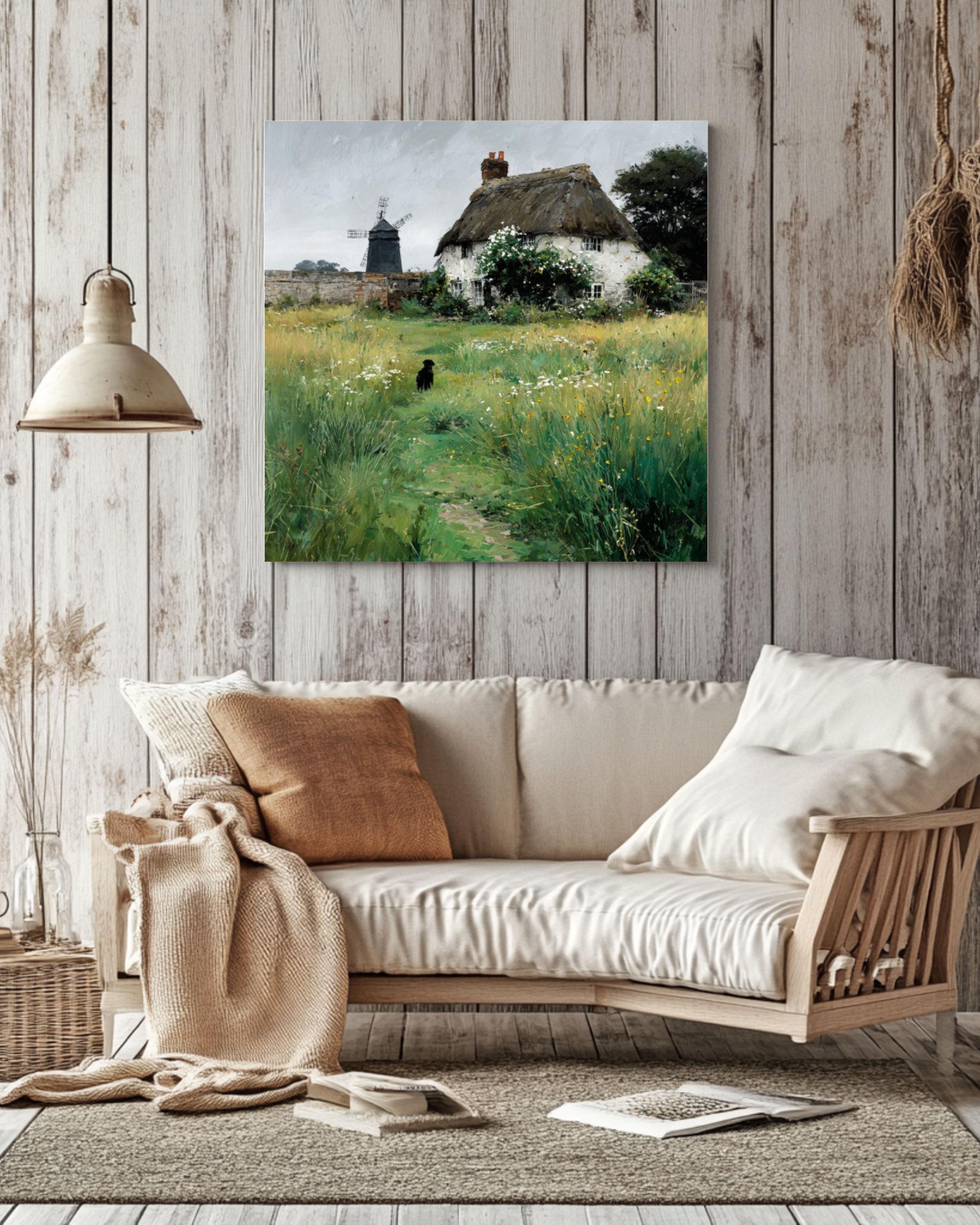 Thatched Cottage Wall Art – Rustic Garden Windmill & Dog Landscape Print