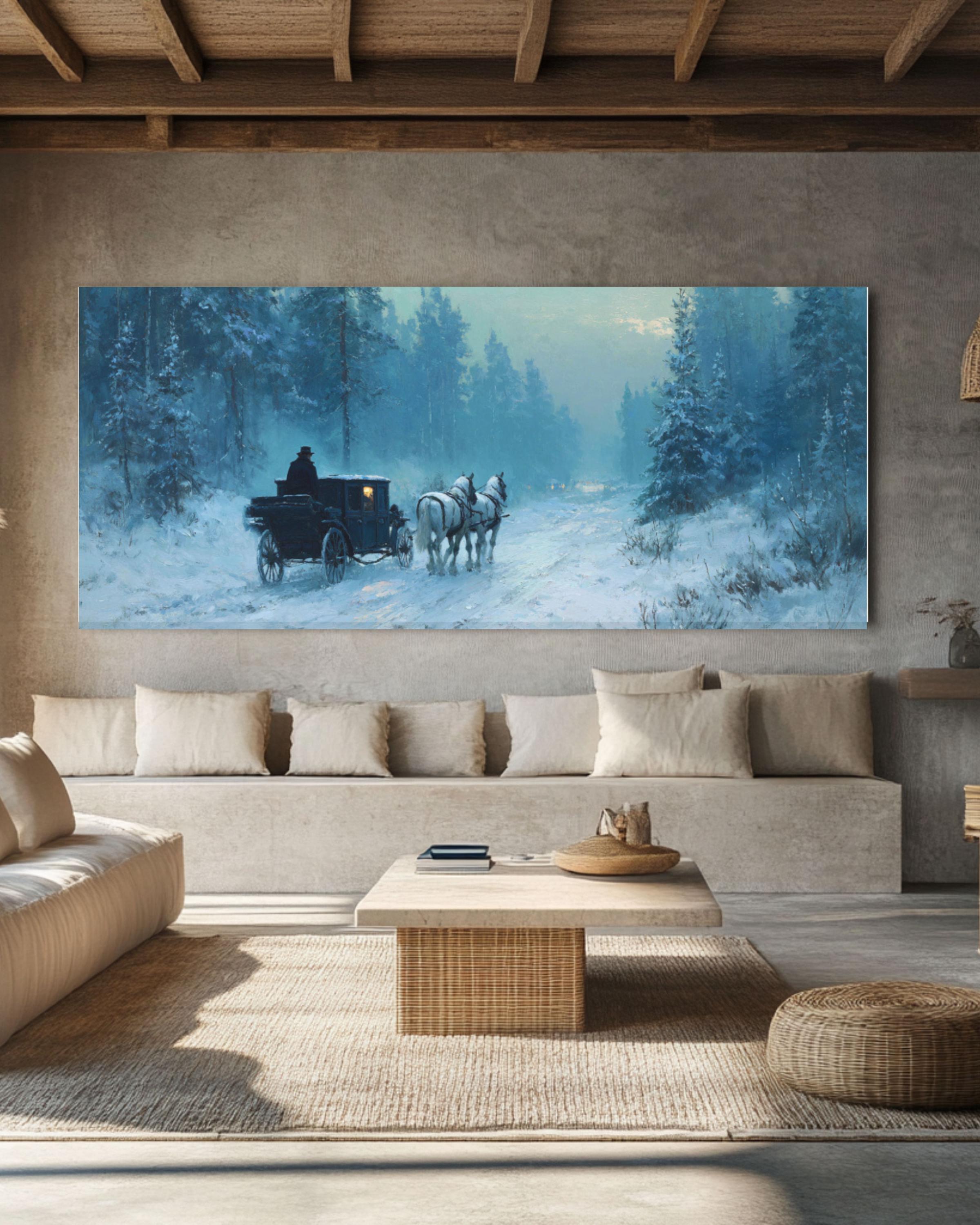 Winter Carriage Ride Canvas Art – Moonlit Snowy Forest Painting