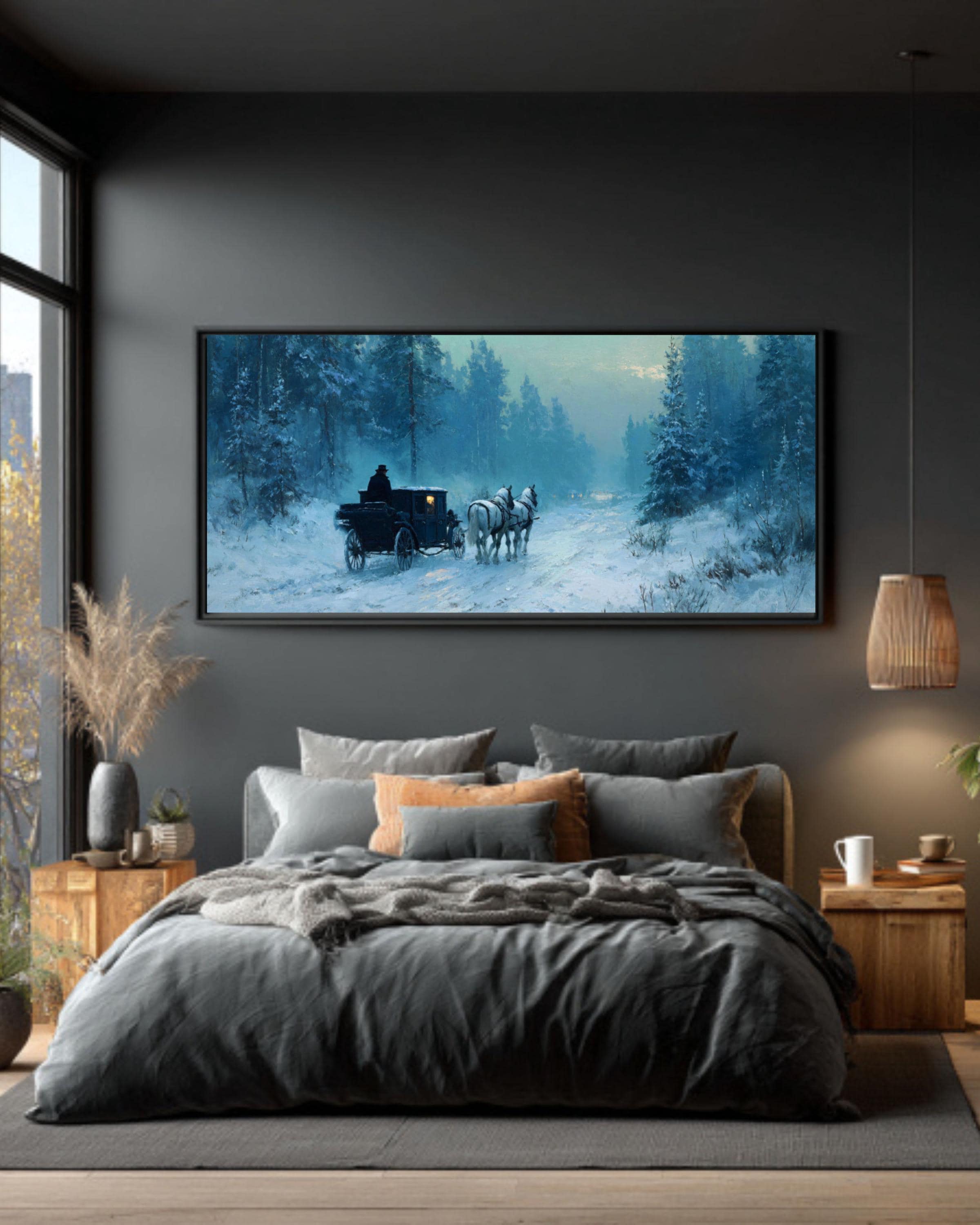 Winter Carriage Ride Canvas Art – Moonlit Snowy Forest Painting