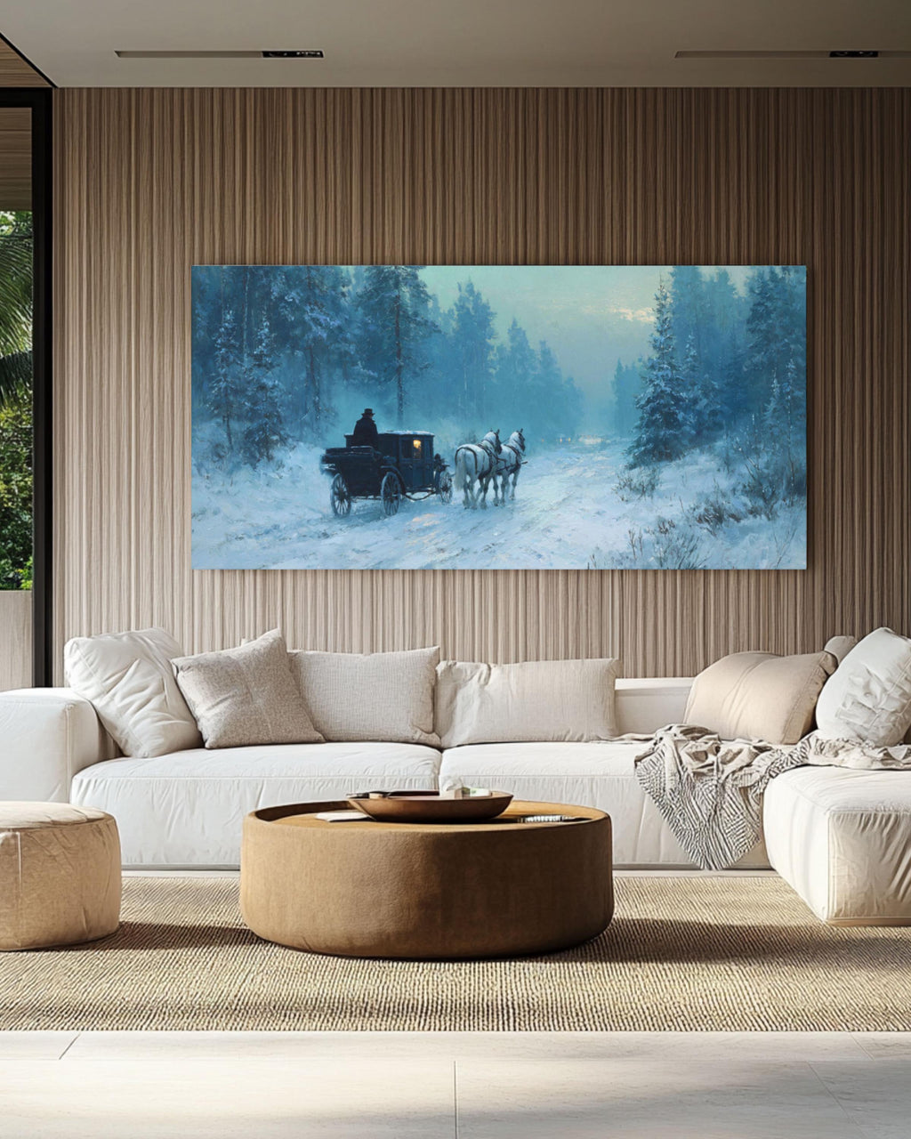 Winter Carriage Ride Canvas Art – Moonlit Snowy Forest Painting