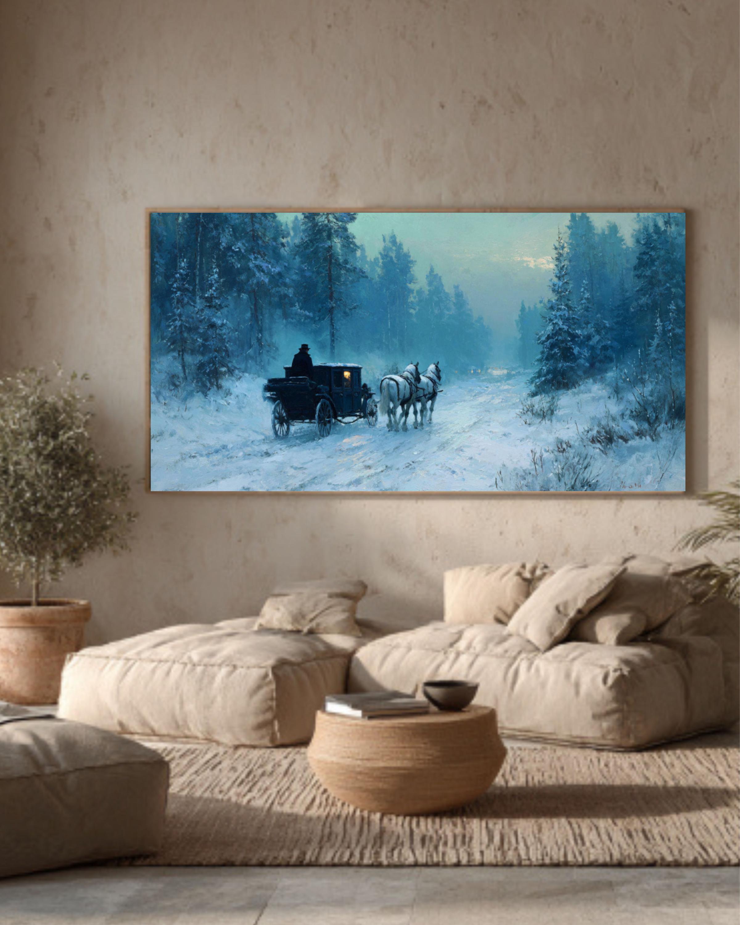 Winter Carriage Ride Canvas Art – Moonlit Snowy Forest Painting