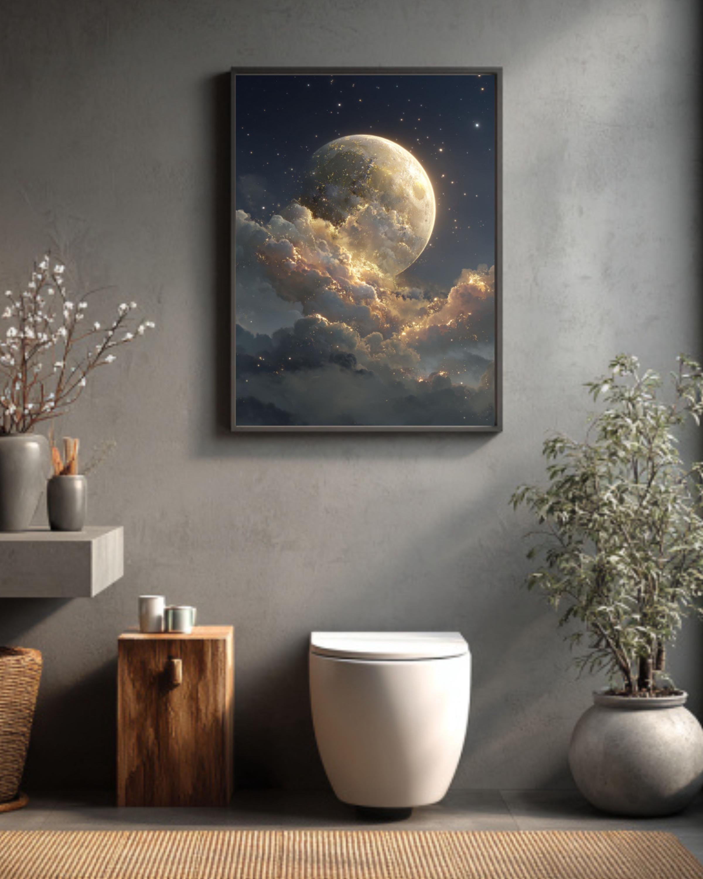 Fantasy Moon Wall Art – Golden Light Starry Sky Celestial Canvas Print