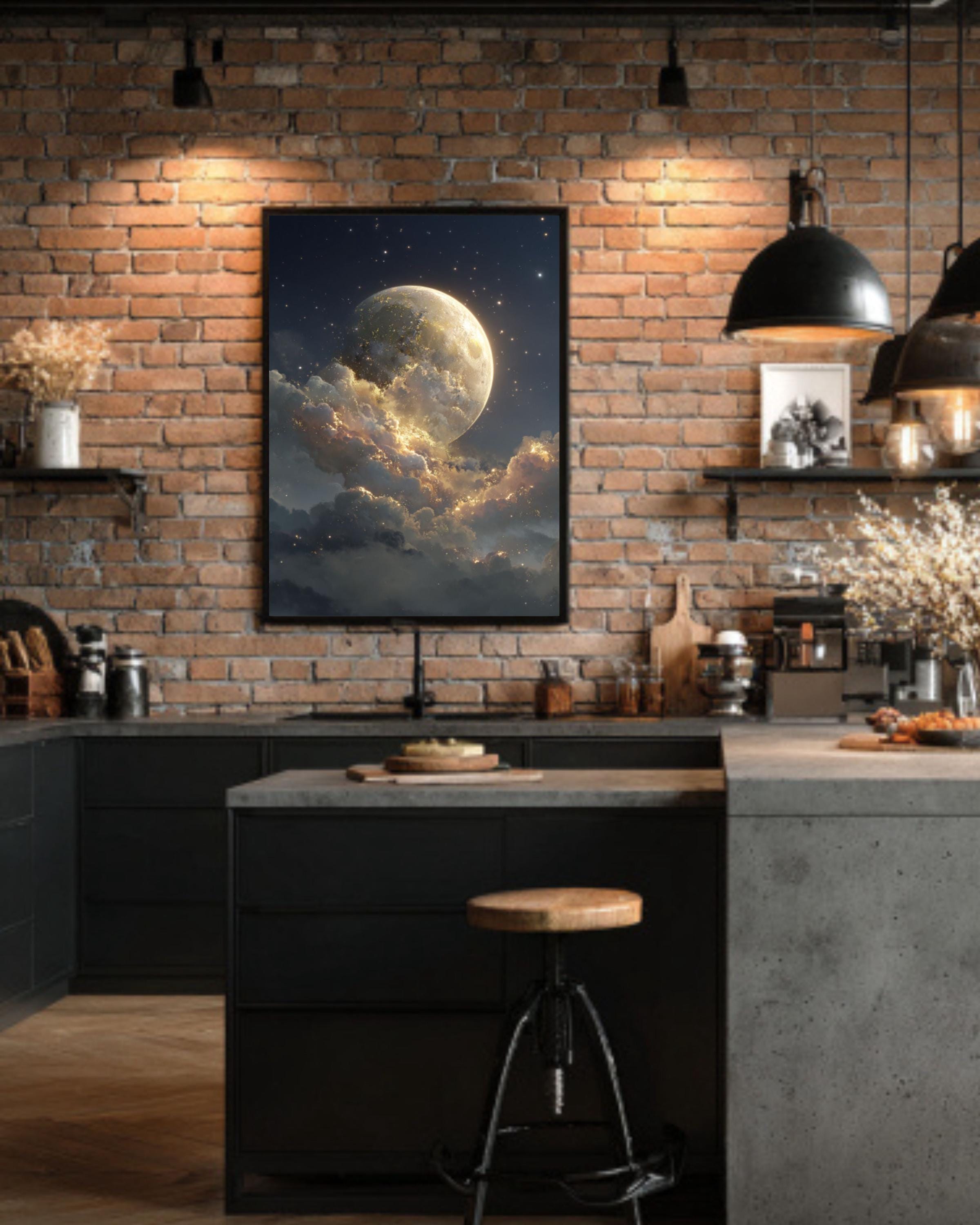 Fantasy Moon Wall Art – Golden Light Starry Sky Celestial Canvas Print