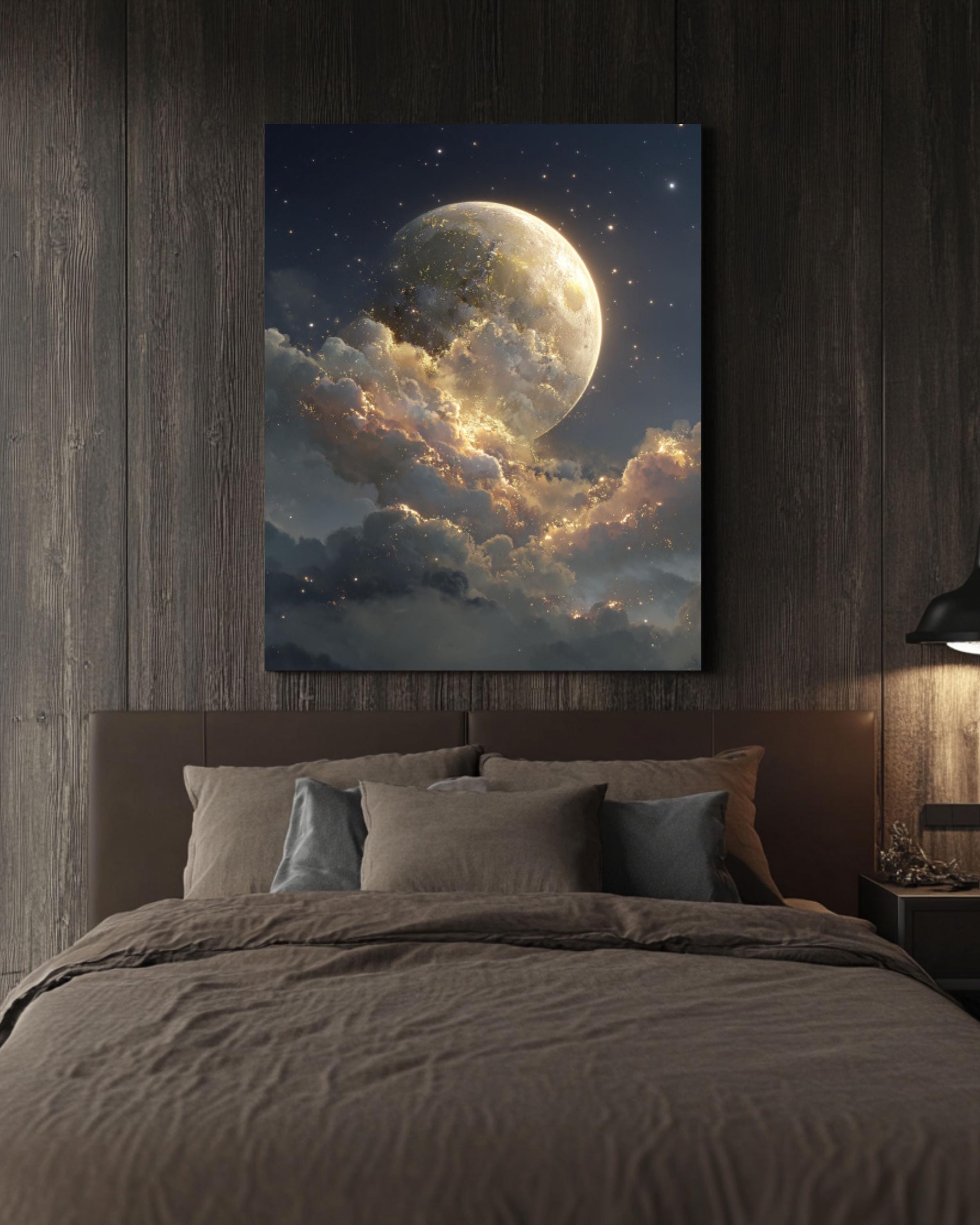 Fantasy Moon Wall Art – Golden Light Starry Sky Celestial Canvas Print