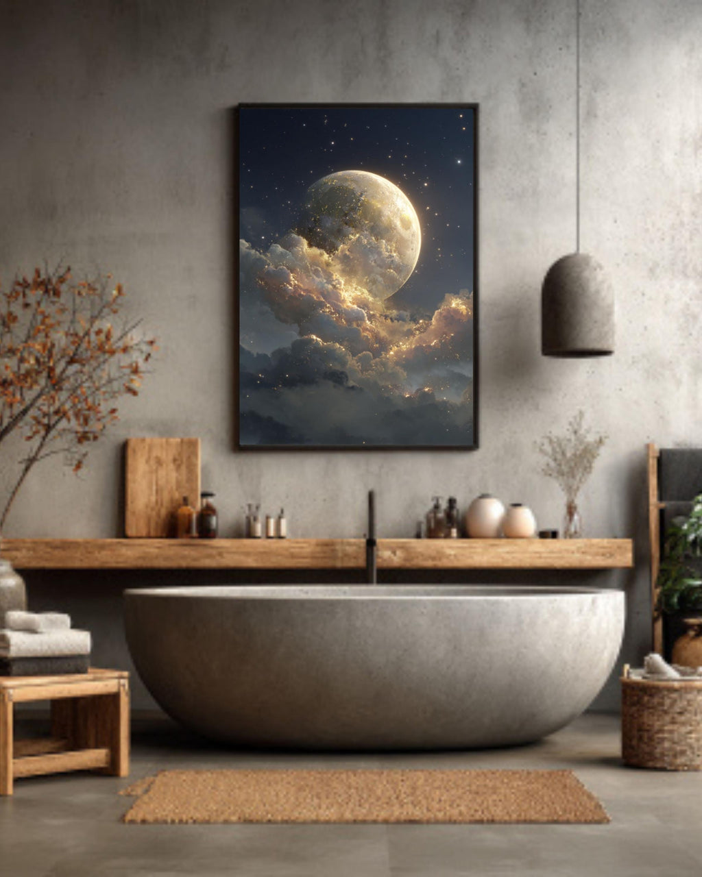 Fantasy Moon Wall Art – Golden Light Starry Sky Celestial Canvas Print