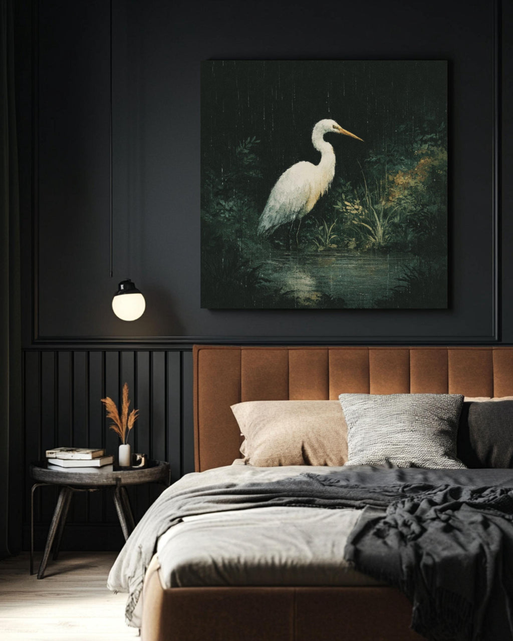 White Heron Wall Art – Moody Bird Illustration Canvas or Framed Print